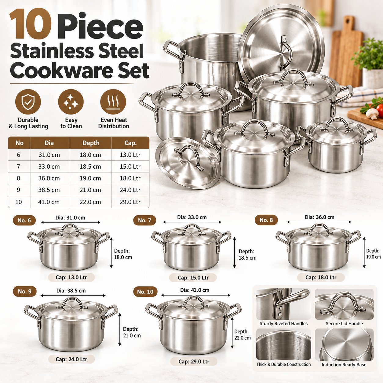 Stainless Steel Cookware Set - Stainless Steel Cookware Set – Luxury Premium 10 Piece Heavy Duty Cooking Pot Set with 5 Large Stockpots & Matching Lids, Strong Riveted Handles, Even Heat Distribution, Rust Resistant Kitchen Cookware for Boiling, Simmering, Stewing & Family Cooking – 13 (view 2)