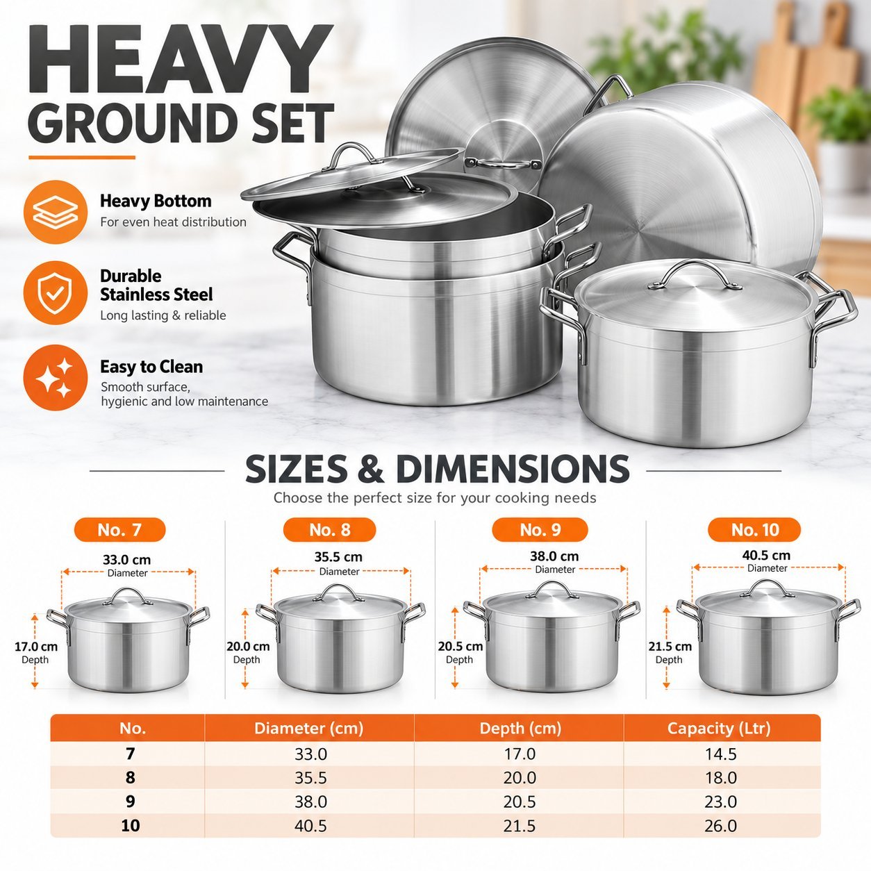 Stainless Steel Cookware Set - Stainless Steel Cookware Set – Luxury Premium Heavy Ground Base Large Cooking Pots with Matching Lids, Strong Metal Side Handles, Deep Stainless Steel Stockpots for Boiling, Simmering, Stewing, Rice, Soups, Batch Cooking & Family Meals – 14.5L to 26L (view 2)