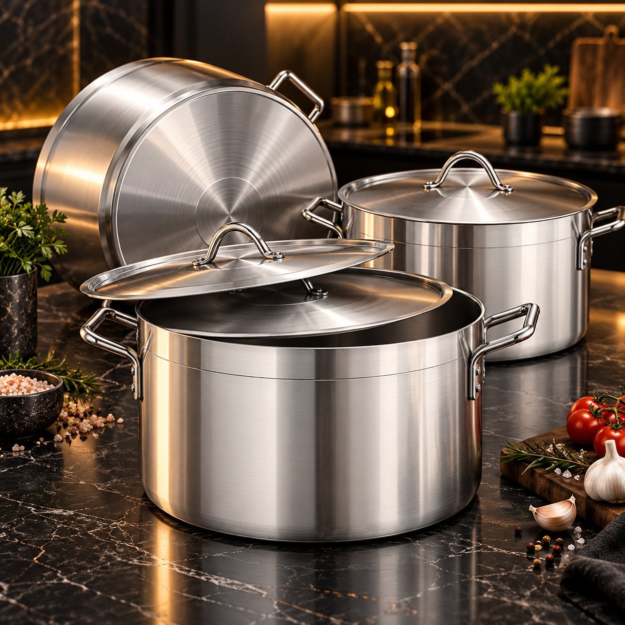 Stainless Steel Cookware Set - Stainless Steel Cookware Set – Luxury Premium Heavy Ground Base Large Cooking Pots with Matching Lids, Strong Metal Side Handles, Deep Stainless Steel Stockpots for Boiling, Simmering, Stewing, Rice, Soups, Batch Cooking & Family Meals – 14.5L to 26L (view 3)