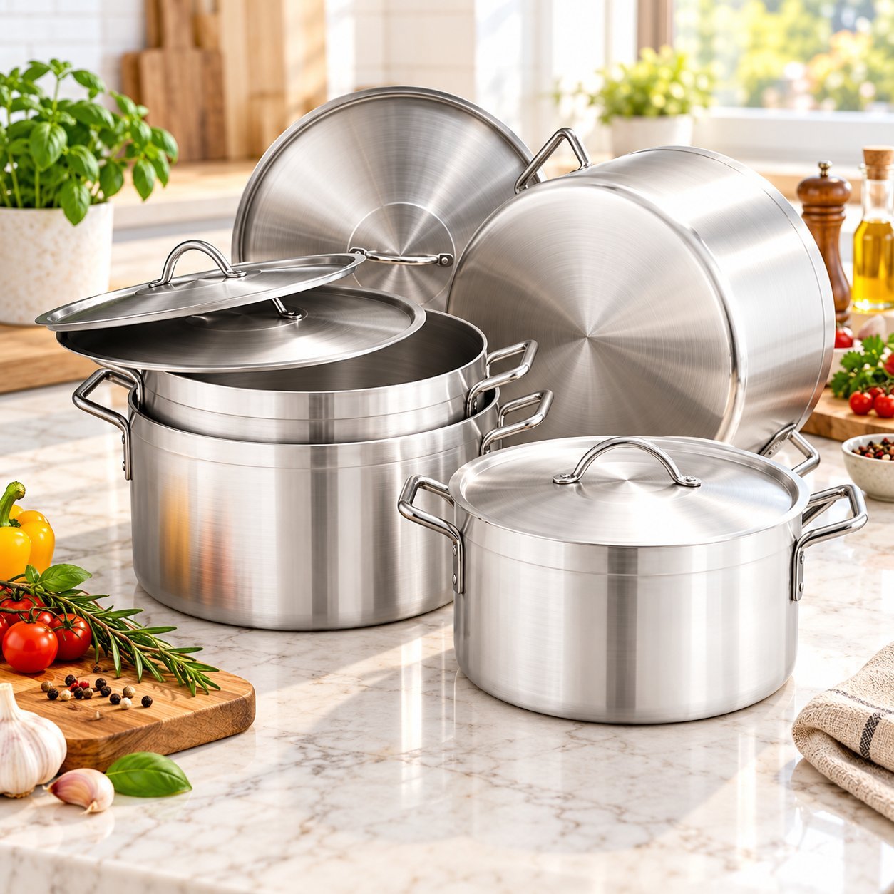 Stainless Steel Cookware Set - Stainless Steel Cookware Set – Luxury Premium Heavy Ground Base Large Cooking Pots with Matching Lids, Strong Metal Side Handles, Deep Stainless Steel Stockpots for Boiling, Simmering, Stewing, Rice, Soups, Batch Cooking & Family Meals – 14.5L to 26L (view 4)