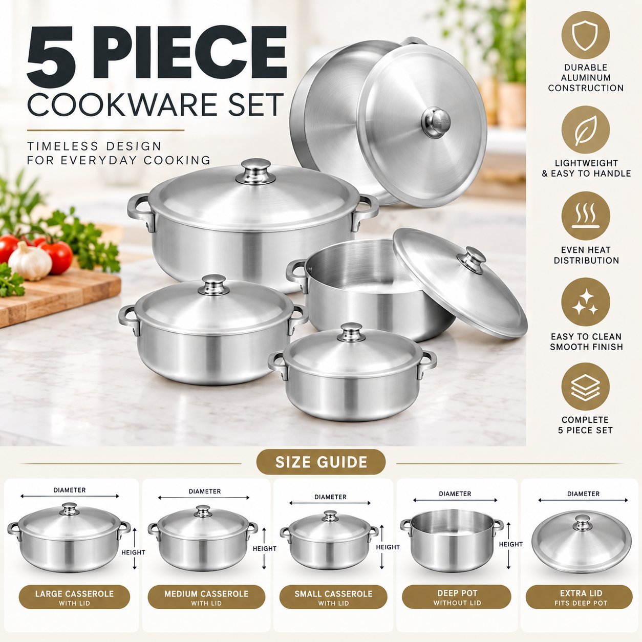 Cooking Pot Set with Lids - Cooking Pot Set with Lids – Luxury Premium 5 Piece Imperial Style Deep Casserole Pots with Matching Metal Lids, Strong Side Handles, Silver Finish, Round Cooking Pots for Boiling, Simmering, Stewing, Rice, Curries, Soups & Family Kitchen Cooking (view 2)