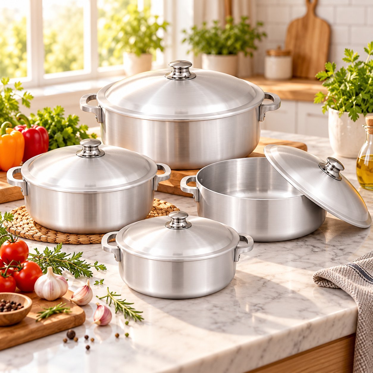 Cooking Pot Set with Lids - Cooking Pot Set with Lids – Luxury Premium 5 Piece Imperial Style Deep Casserole Pots with Matching Metal Lids, Strong Side Handles, Silver Finish, Round Cooking Pots for Boiling, Simmering, Stewing, Rice, Curries, Soups & Family Kitchen Cooking (view 3)