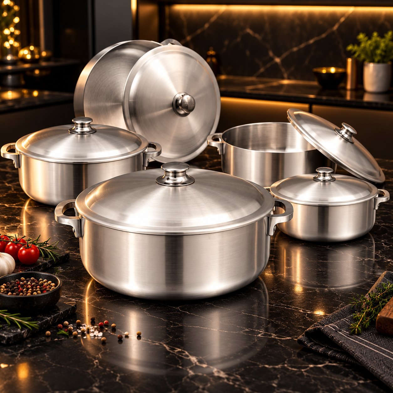 Cooking Pot Set with Lids - Cooking Pot Set with Lids – Luxury Premium 5 Piece Imperial Style Deep Casserole Pots with Matching Metal Lids, Strong Side Handles, Silver Finish, Round Cooking Pots for Boiling, Simmering, Stewing, Rice, Curries, Soups & Family Kitchen Cooking (view 4)