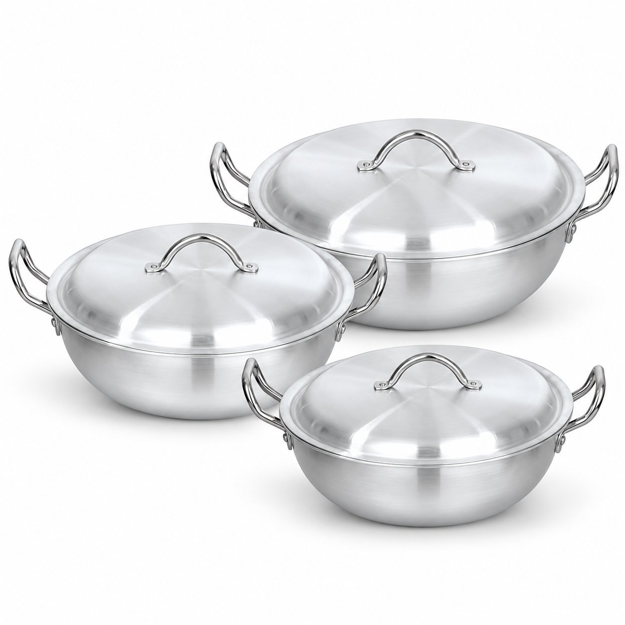 Round Karahi Set with Lids - Round Karahi Set with Lids – 3 Piece Silver Cooking Karahi Set with Deep Round Bowls, Matching Domed Metal Lids, Double Side Handles, 36cm, 38cm & 40cm Cooking Pots – 7L, 9L & 11L Capacities
