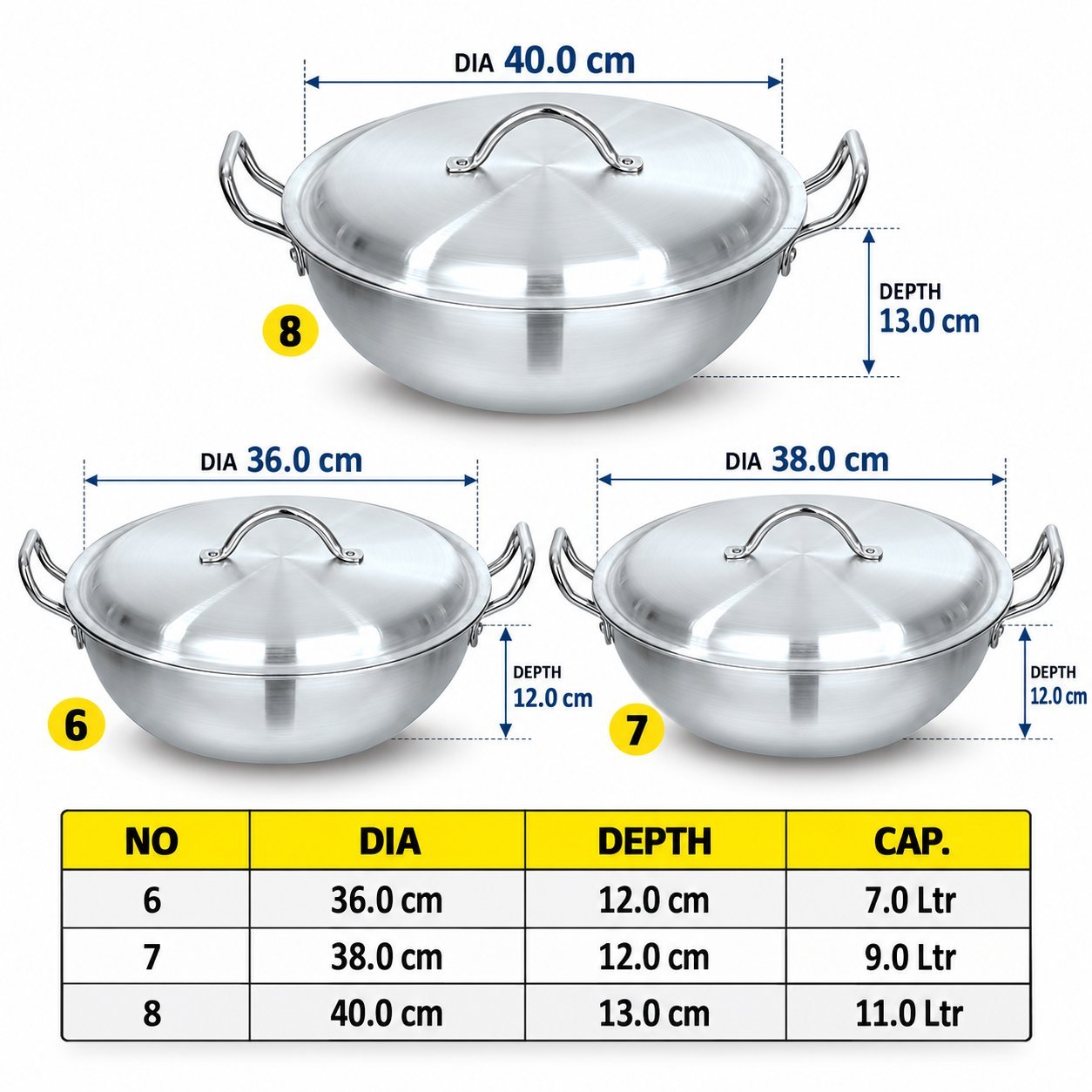 Round Karahi Set with Lids - Round Karahi Set with Lids – 3 Piece Silver Cooking Karahi Set with Deep Round Bowls, Matching Domed Metal Lids, Double Side Handles, 36cm, 38cm & 40cm Cooking Pots – 7L, 9L & 11L Capacities (view 2)