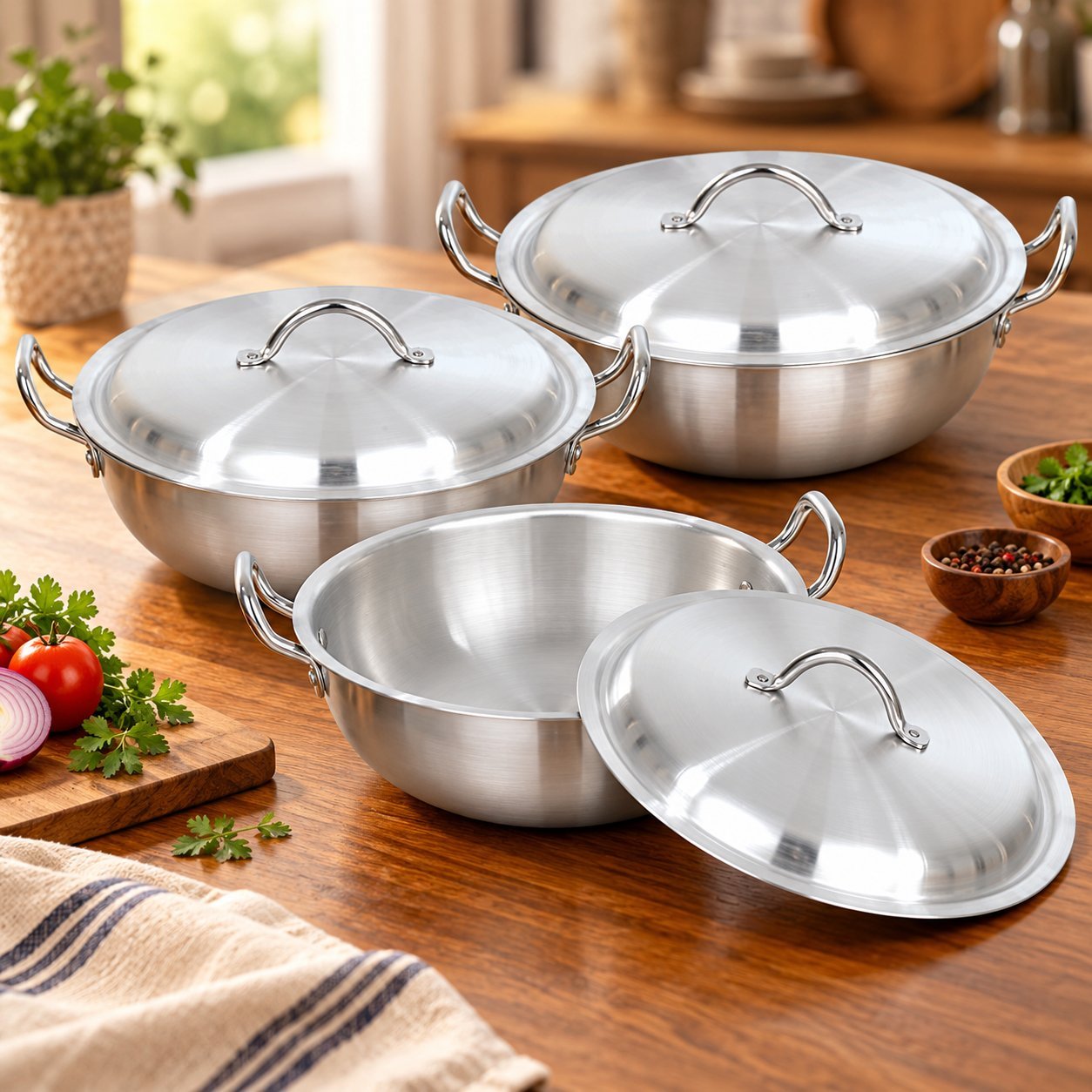 Round Karahi Set with Lids - Round Karahi Set with Lids – 3 Piece Silver Cooking Karahi Set with Deep Round Bowls, Matching Domed Metal Lids, Double Side Handles, 36cm, 38cm & 40cm Cooking Pots – 7L, 9L & 11L Capacities (view 3)