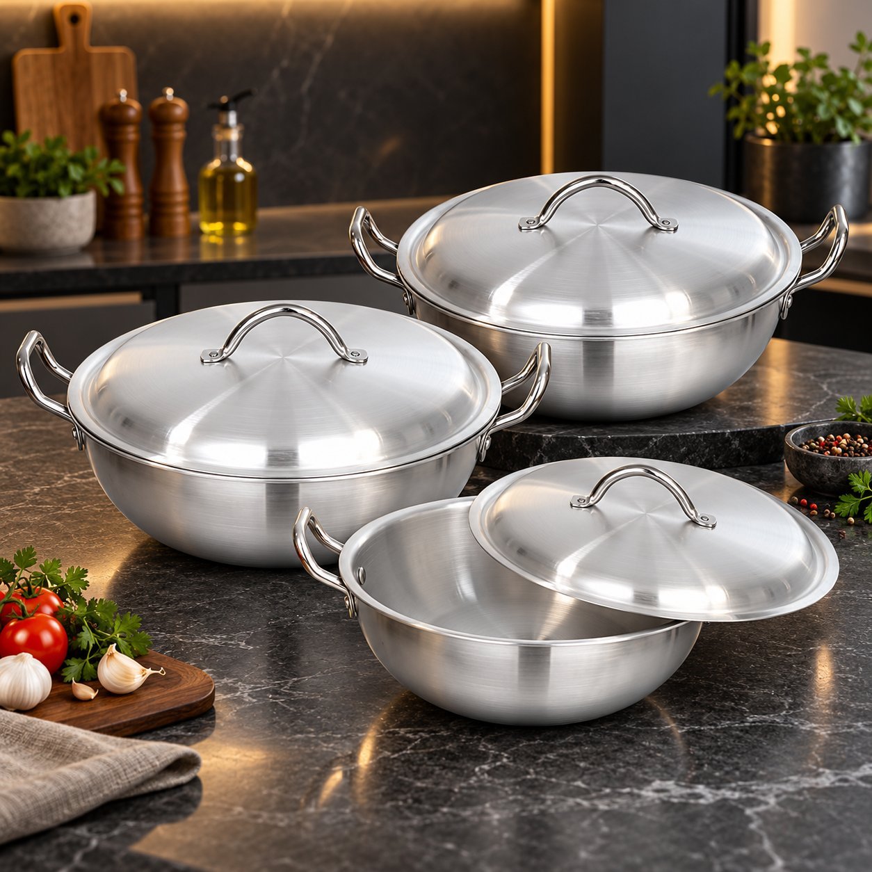 Round Karahi Set with Lids - Round Karahi Set with Lids – 3 Piece Silver Cooking Karahi Set with Deep Round Bowls, Matching Domed Metal Lids, Double Side Handles, 36cm, 38cm & 40cm Cooking Pots – 7L, 9L & 11L Capacities (view 4)