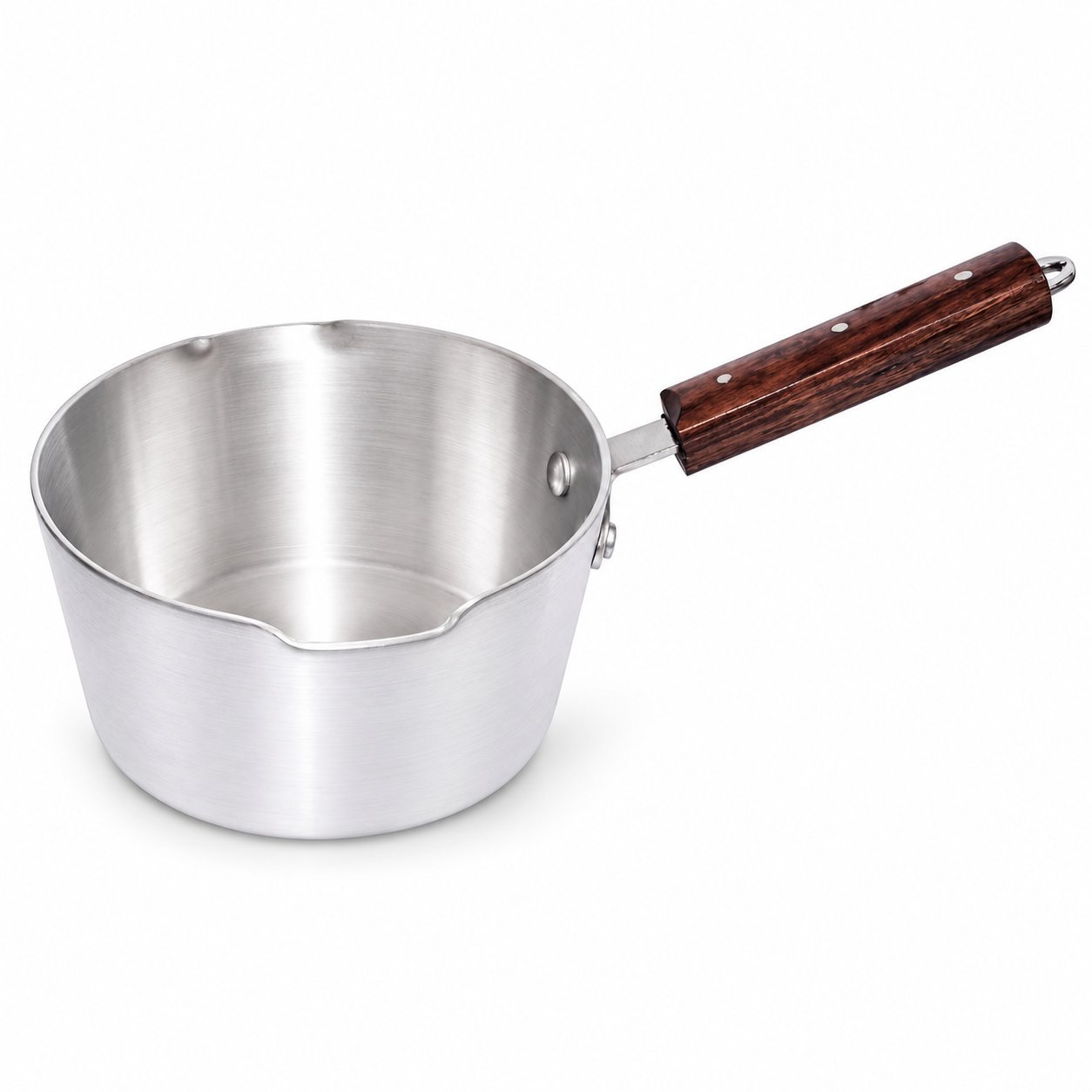 Saucepan with Wooden Handle - Saucepan with Wooden Handle – Premium Silver Metal Milk Pan with Pouring Spout, Deep Round Cooking Pot, Long Wood-Effect Handle & Hanging Loop for Warming Milk, Sauces, Soup, Gravy & Everyday Kitchen Cooking