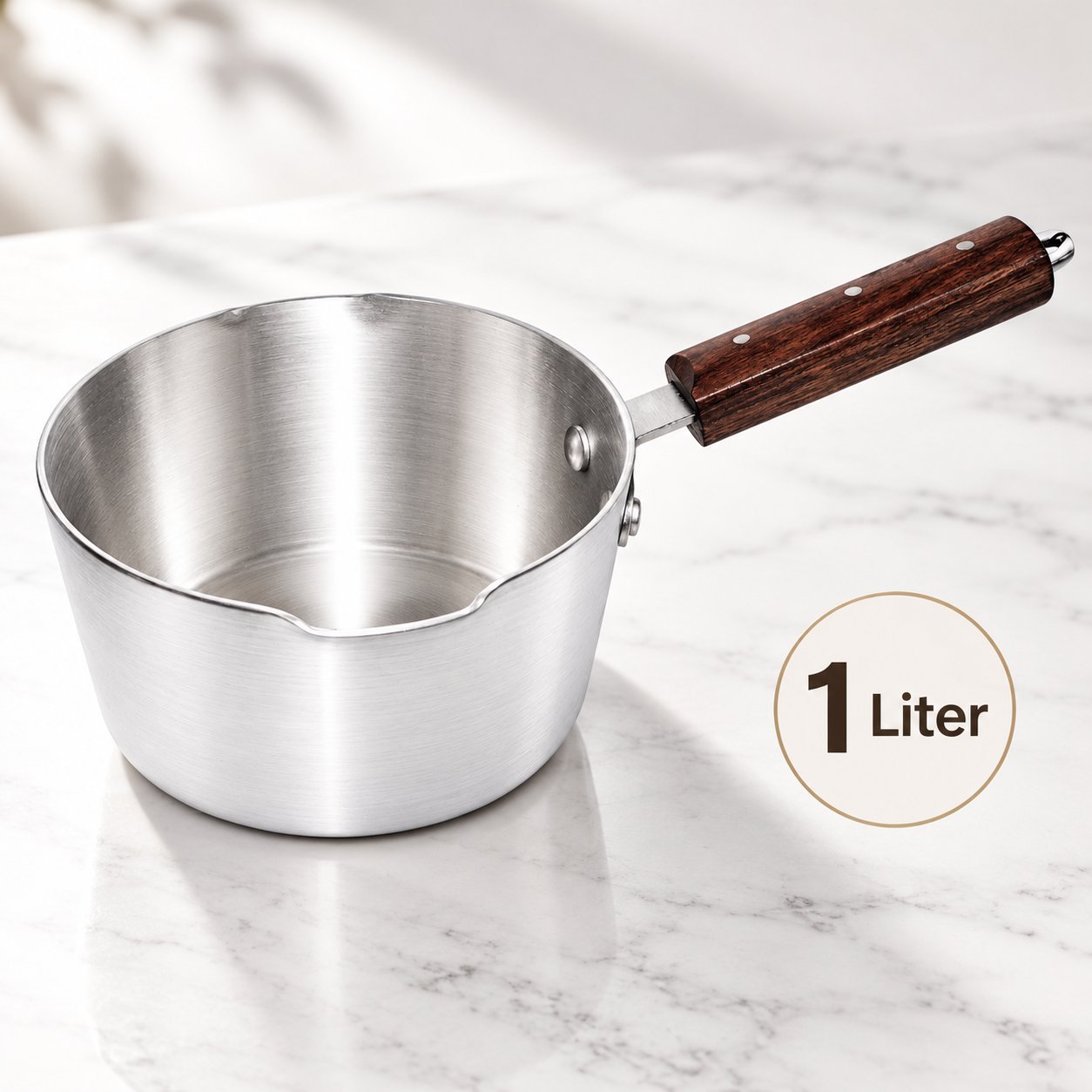 Saucepan with Wooden Handle - Saucepan with Wooden Handle – Premium Silver Metal Milk Pan with Pouring Spout, Deep Round Cooking Pot, Long Wood-Effect Handle & Hanging Loop for Warming Milk, Sauces, Soup, Gravy & Everyday Kitchen Cooking (view 2)