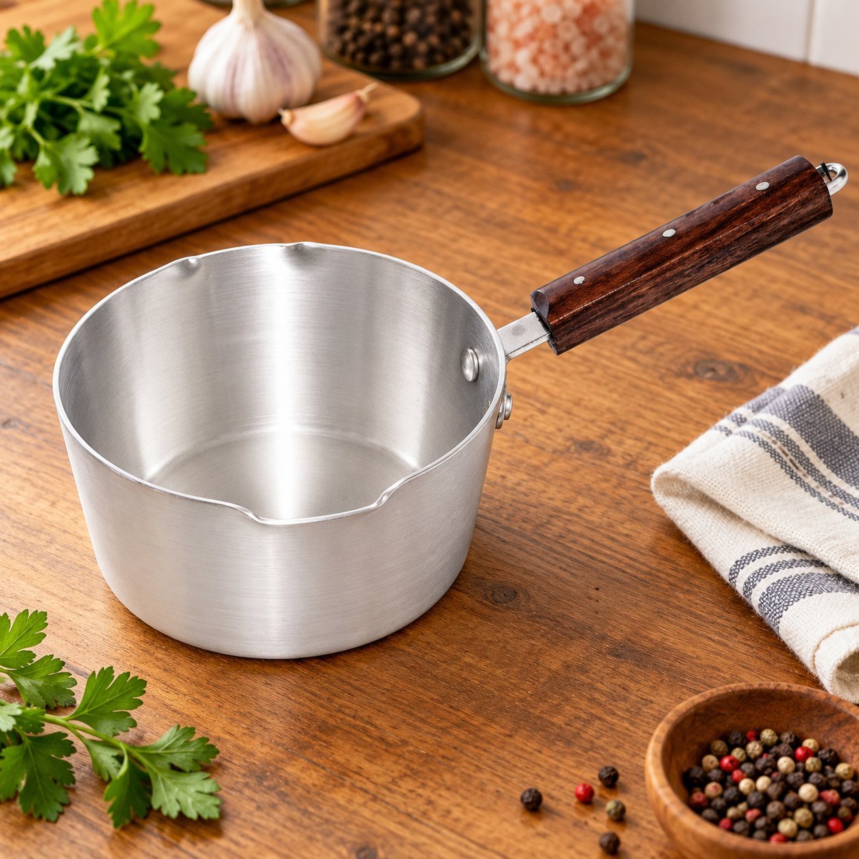 Saucepan with Wooden Handle - Saucepan with Wooden Handle – Premium Silver Metal Milk Pan with Pouring Spout, Deep Round Cooking Pot, Long Wood-Effect Handle & Hanging Loop for Warming Milk, Sauces, Soup, Gravy & Everyday Kitchen Cooking (view 3)