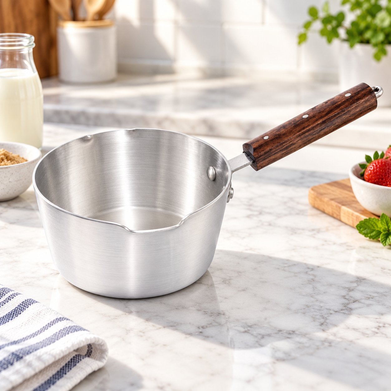 Saucepan with Wooden Handle - Saucepan with Wooden Handle – Premium Silver Metal Milk Pan with Pouring Spout, Deep Round Cooking Pot, Long Wood-Effect Handle & Hanging Loop for Warming Milk, Sauces, Soup, Gravy & Everyday Kitchen Cooking (view 4)