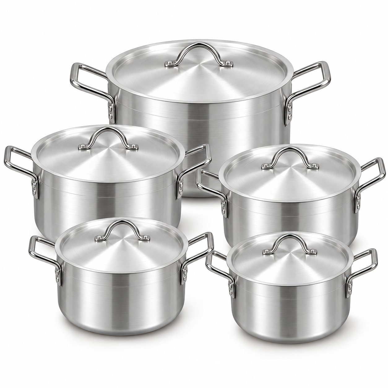 Stainless Steel Cookware Set - Stainless Steel Cookware Set – Luxury Premium 5 Piece Heavy Base Cooking Pot Set with Matching Lids, Deep Casserole Stockpots, Double Side Handles, Silver Metal Finish for Boiling, Simmering, Soups, Stews, Rice & Family Cooking – 3.5L to 10L
