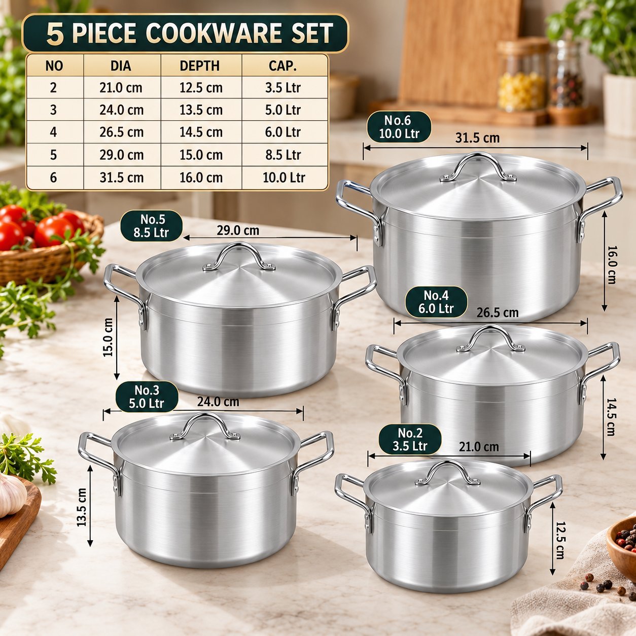 Stainless Steel Cookware Set - Stainless Steel Cookware Set – Luxury Premium 5 Piece Heavy Base Cooking Pot Set with Matching Lids, Deep Casserole Stockpots, Double Side Handles, Silver Metal Finish for Boiling, Simmering, Soups, Stews, Rice & Family Cooking – 3.5L to 10L (view 2)