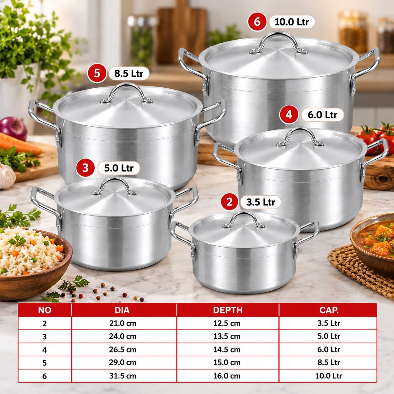 Stainless Steel Cookware Set - Stainless Steel Cookware Set – Luxury Premium 5 Piece Heavy Base Cooking Pot Set with Matching Lids, Deep Casserole Stockpots, Double Side Handles, Silver Metal Finish for Boiling, Simmering, Soups, Stews, Rice & Family Cooking – 3.5L to 10L (view 3)