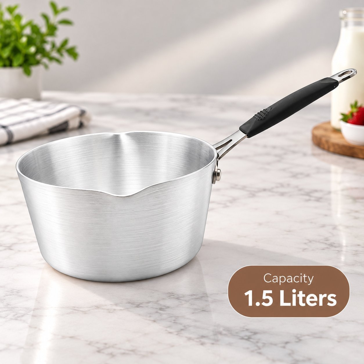 Saucepan with Black Handle - Saucepan with Black Handle – Premium Silver Metal Milk Pan with Easy Pouring Spout, Deep Round Cooking Sauce Pot, Long Comfortable Grip, Metal Hanging Loop for Heating Milk, Preparing Sauces, Gravy, Soups & Everyday Kitchen Cooking (view 2)
