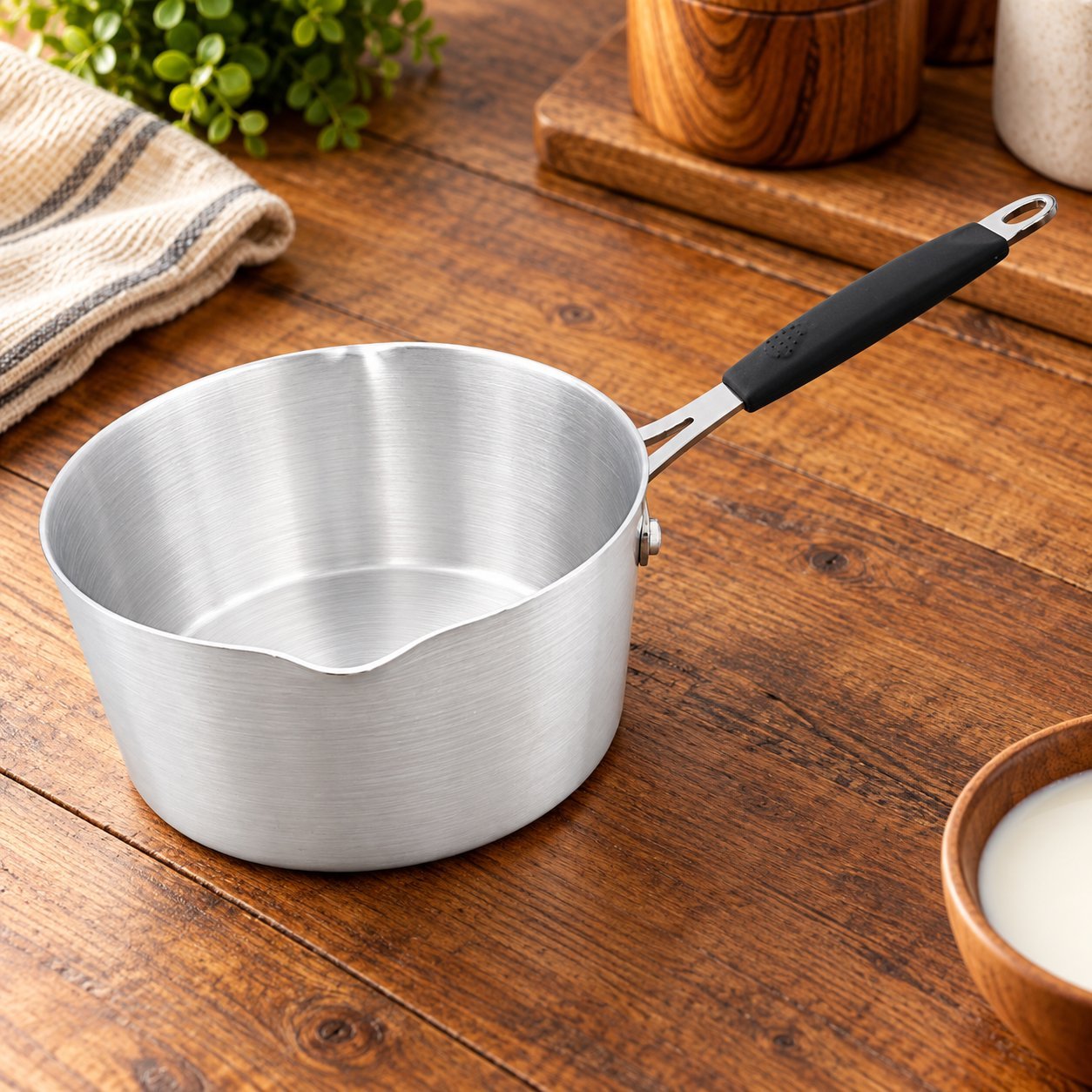 Saucepan with Black Handle - Saucepan with Black Handle – Premium Silver Metal Milk Pan with Easy Pouring Spout, Deep Round Cooking Sauce Pot, Long Comfortable Grip, Metal Hanging Loop for Heating Milk, Preparing Sauces, Gravy, Soups & Everyday Kitchen Cooking (view 3)
