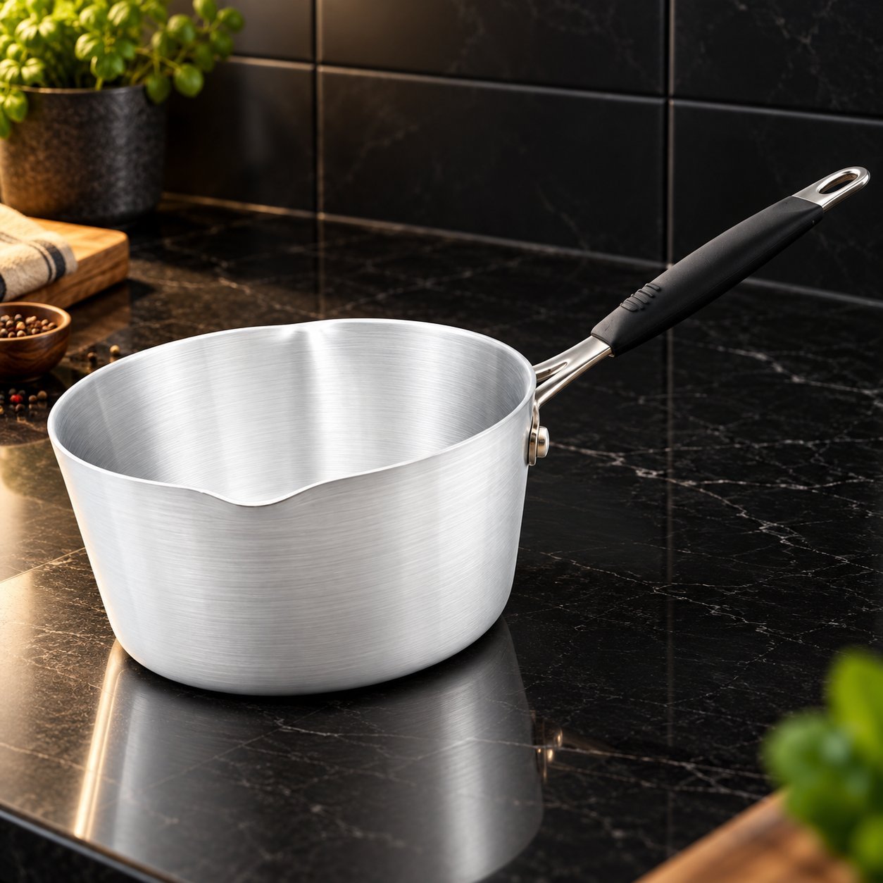 Saucepan with Black Handle - Saucepan with Black Handle – Premium Silver Metal Milk Pan with Easy Pouring Spout, Deep Round Cooking Sauce Pot, Long Comfortable Grip, Metal Hanging Loop for Heating Milk, Preparing Sauces, Gravy, Soups & Everyday Kitchen Cooking (view 4)