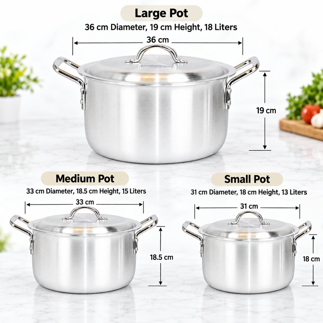 Stainless Steel Cooking Pot Set - Stainless Steel Cooking Pot Set – Luxury Premium 3 Piece Deep Stockpot & Casserole Set with Matching Metal Lids, Strong Double Side Handles, Elegant Silver Finish, Large Cooking Pots for Boiling, Simmering, Stewing, Soups, Rice & Family Cooking – 13L, 15L (view 2)
