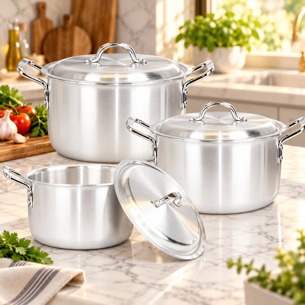 Stainless Steel Cooking Pot Set - Stainless Steel Cooking Pot Set – Luxury Premium 3 Piece Deep Stockpot & Casserole Set with Matching Metal Lids, Strong Double Side Handles, Elegant Silver Finish, Large Cooking Pots for Boiling, Simmering, Stewing, Soups, Rice & Family Cooking – 13L, 15L (view 3)