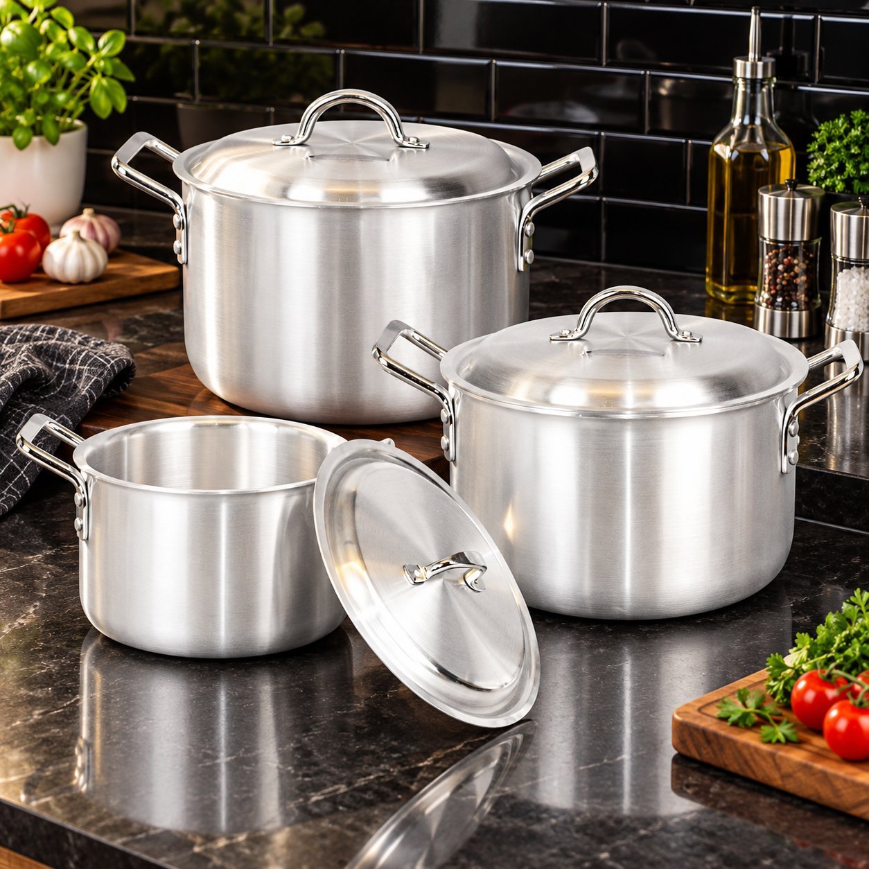 Stainless Steel Cooking Pot Set - Stainless Steel Cooking Pot Set – Luxury Premium 3 Piece Deep Stockpot & Casserole Set with Matching Metal Lids, Strong Double Side Handles, Elegant Silver Finish, Large Cooking Pots for Boiling, Simmering, Stewing, Soups, Rice & Family Cooking – 13L, 15L (view 4)