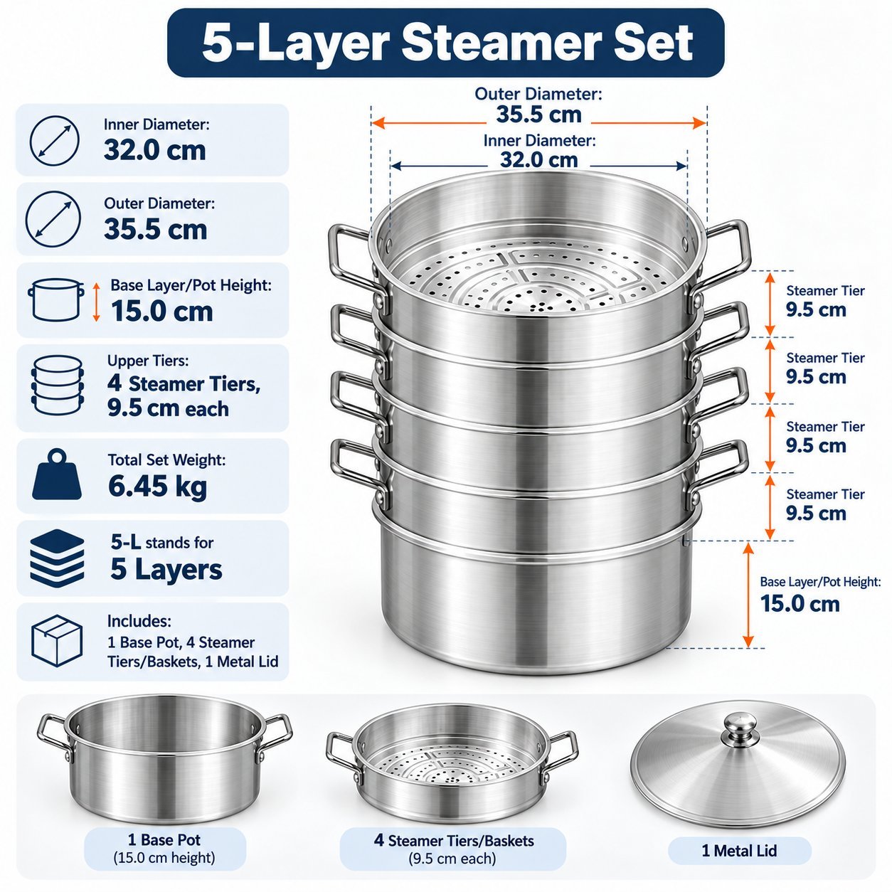 Stainless Steel Steamer Pot Set - Stainless Steel Steamer Pot Set – Luxury Premium Multi-Tier Food Steamer with Stackable Perforated Steaming Baskets, Deep Round Cooking Pot, Double Side Handles & Matching Metal Lid for Vegetables, Dumplings, Fish, Rice Dishes & Healthy Steam Cooking (view 2)