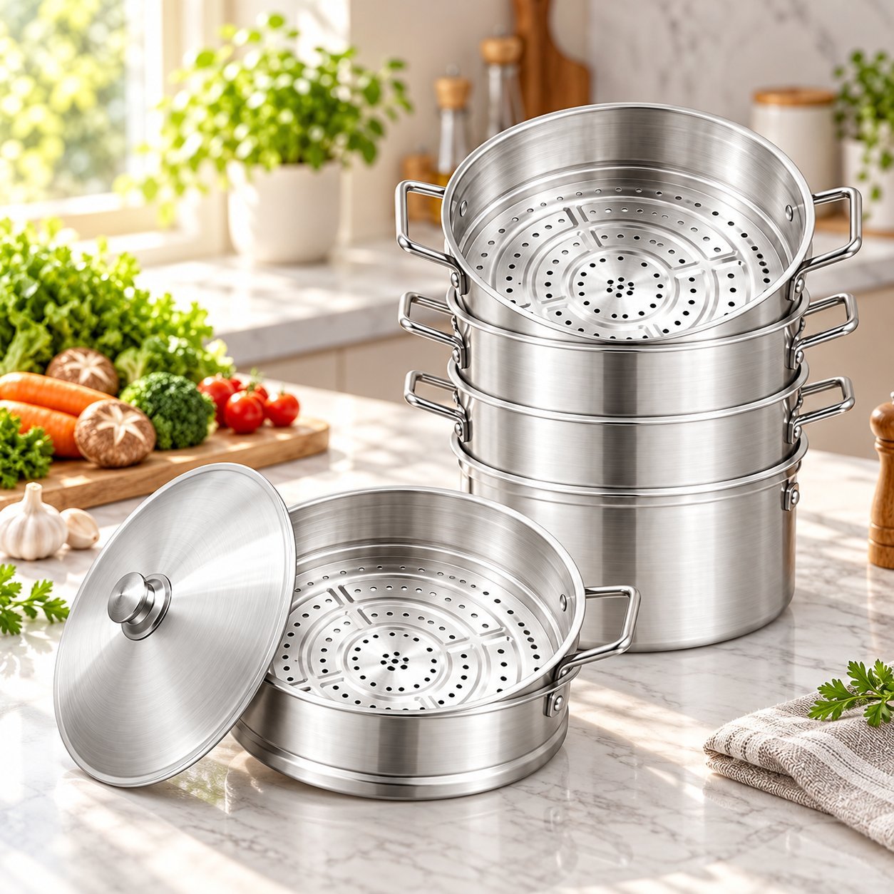 Stainless Steel Steamer Pot Set - Stainless Steel Steamer Pot Set – Luxury Premium Multi-Tier Food Steamer with Stackable Perforated Steaming Baskets, Deep Round Cooking Pot, Double Side Handles & Matching Metal Lid for Vegetables, Dumplings, Fish, Rice Dishes & Healthy Steam Cooking (view 3)