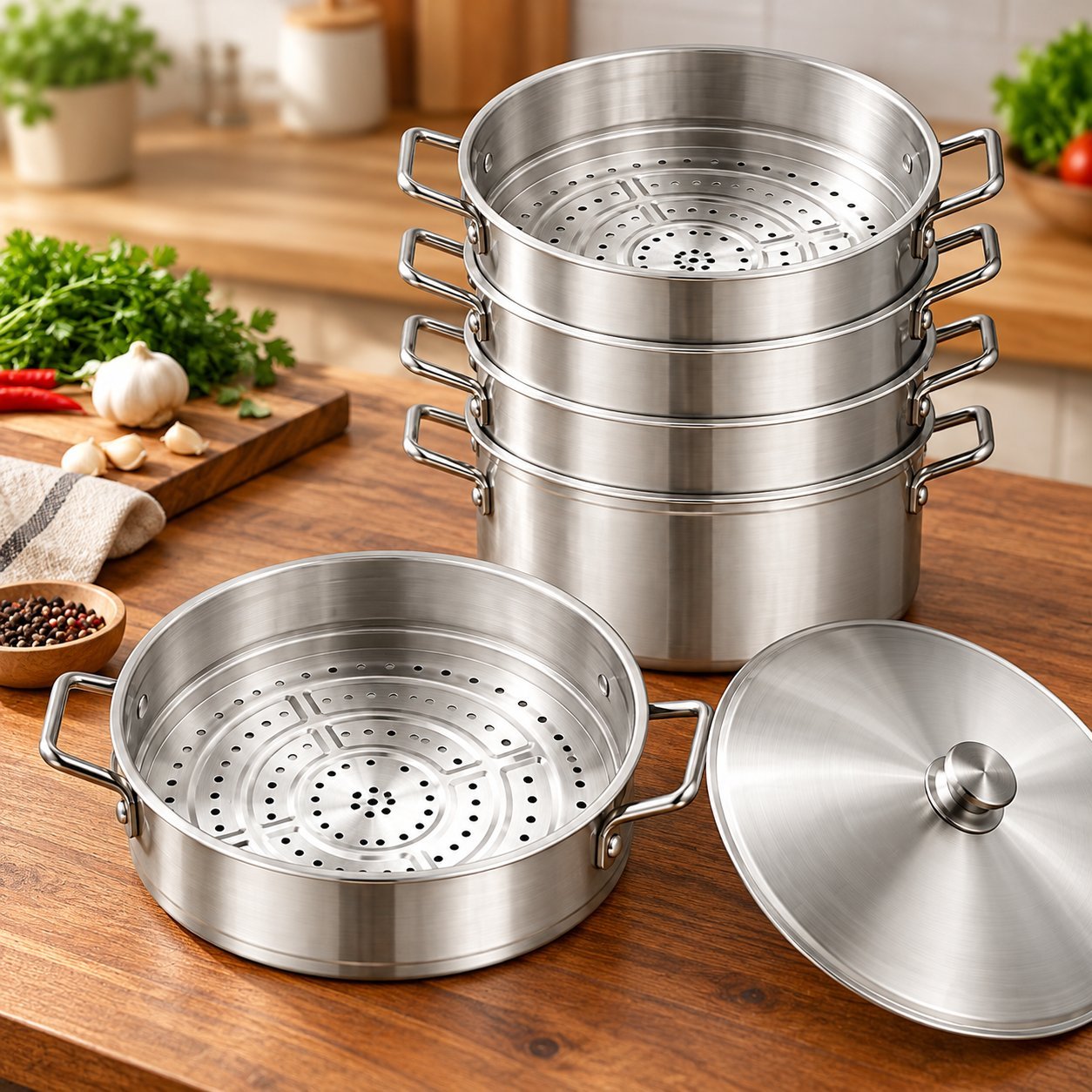 Stainless Steel Steamer Pot Set - Stainless Steel Steamer Pot Set – Luxury Premium Multi-Tier Food Steamer with Stackable Perforated Steaming Baskets, Deep Round Cooking Pot, Double Side Handles & Matching Metal Lid for Vegetables, Dumplings, Fish, Rice Dishes & Healthy Steam Cooking (view 4)