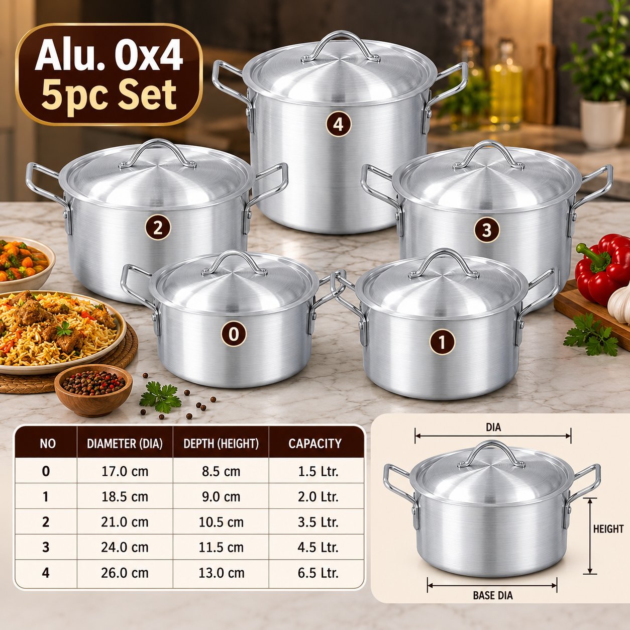 Aluminium Cooking Pot Set - Aluminium Cooking Pot Set – Luxury Premium 5 Piece Deep Casserole & Stockpot Set with Matching Metal Lids, Strong Double Side Handles, Lightweight Silver Cooking Pots for Rice, Curry, Biryani, Boiling, Simmering, Stewing, Soups & Family Kitchen Cooking (view 2)