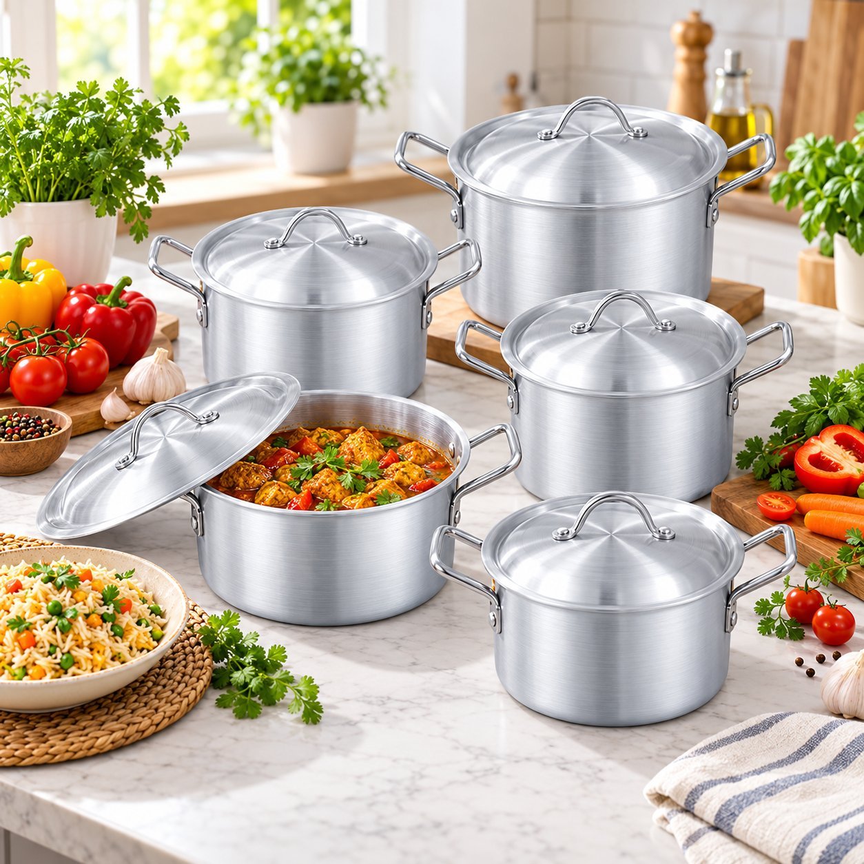 Aluminium Cooking Pot Set - Aluminium Cooking Pot Set – Luxury Premium 5 Piece Deep Casserole & Stockpot Set with Matching Metal Lids, Strong Double Side Handles, Lightweight Silver Cooking Pots for Rice, Curry, Biryani, Boiling, Simmering, Stewing, Soups & Family Kitchen Cooking (view 3)