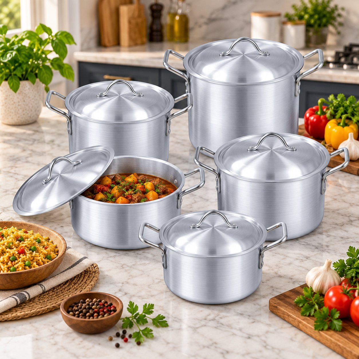 Aluminium Cooking Pot Set - Aluminium Cooking Pot Set – Luxury Premium 5 Piece Deep Casserole & Stockpot Set with Matching Metal Lids, Strong Double Side Handles, Lightweight Silver Cooking Pots for Rice, Curry, Biryani, Boiling, Simmering, Stewing, Soups & Family Kitchen Cooking (view 4)
