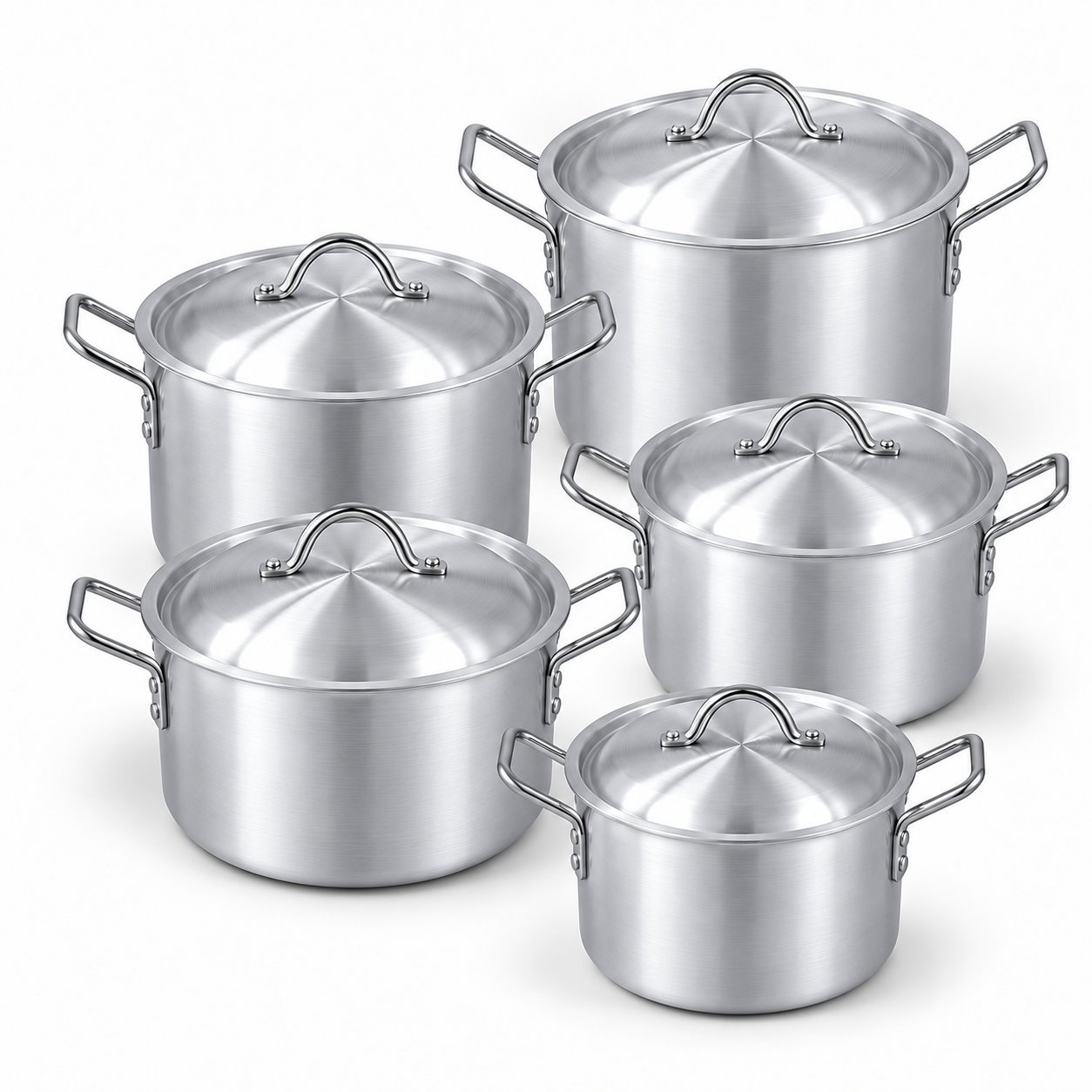 Aluminium Cooking Pot Set - Aluminium Cooking Pot Set – Luxury Premium 5 Piece Deep Casserole & Stockpot Set with Matching Metal Lids, Strong Double Side Handles, Lightweight Silver Cooking Pots for Rice, Curry, Biryani, Boiling, Simmering, Stewing, Soups & Family Kitchen Cooking