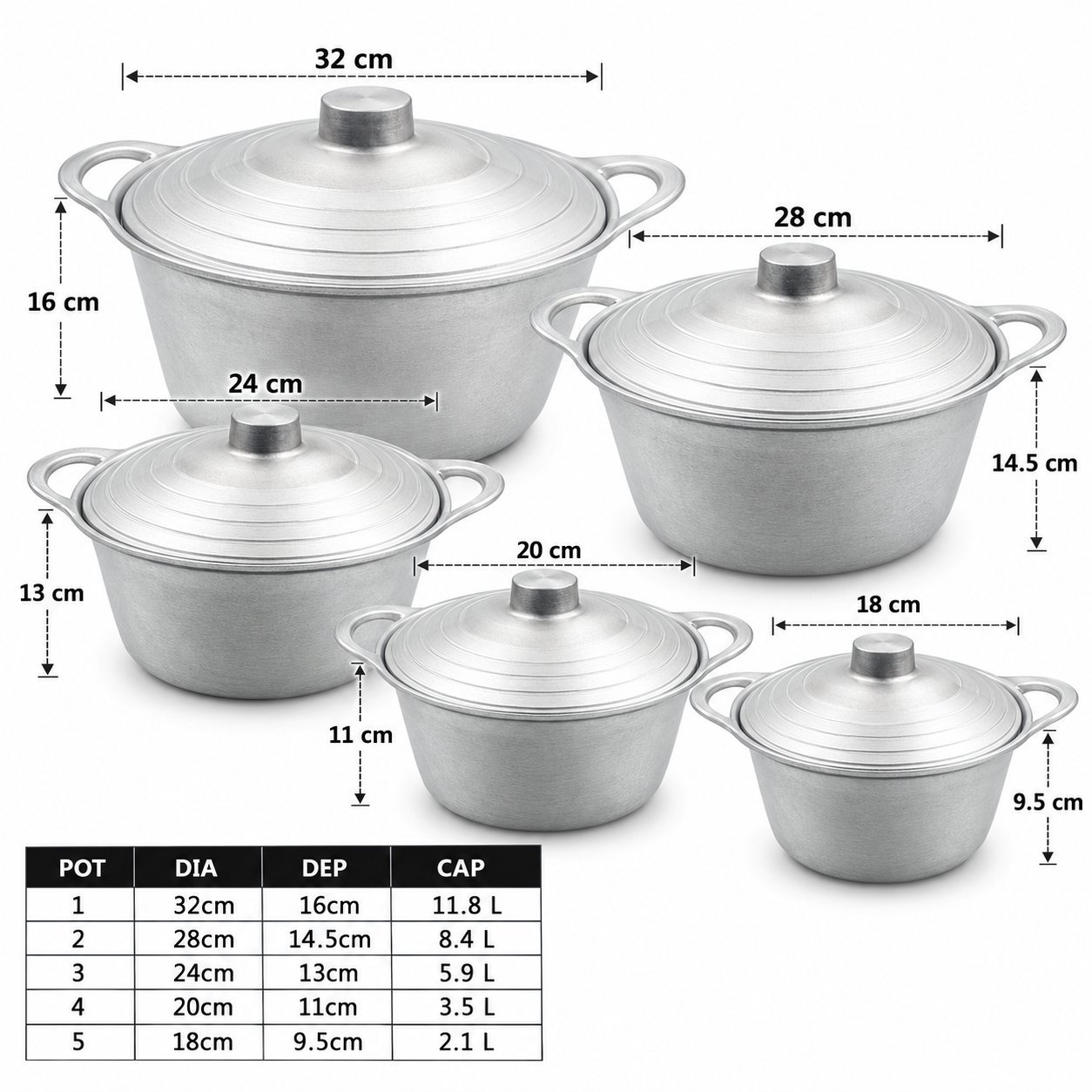 Dutch Pot Set with Lids - Dutch Pot Set with Lids – Luxury Premium 5 Piece Traditional Deep Cooking Pot & Casserole Set, Silver Round Metal Dutch Pots with Matching Domed Lids, Double Side Handles for Rice, Curry, Stews, Soups, Boiling, Simmering & Family Kitchen Cooking (view 2)