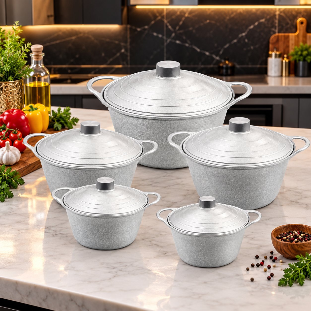Dutch Pot Set with Lids - Dutch Pot Set with Lids – Luxury Premium 5 Piece Traditional Deep Cooking Pot & Casserole Set, Silver Round Metal Dutch Pots with Matching Domed Lids, Double Side Handles for Rice, Curry, Stews, Soups, Boiling, Simmering & Family Kitchen Cooking (view 3)