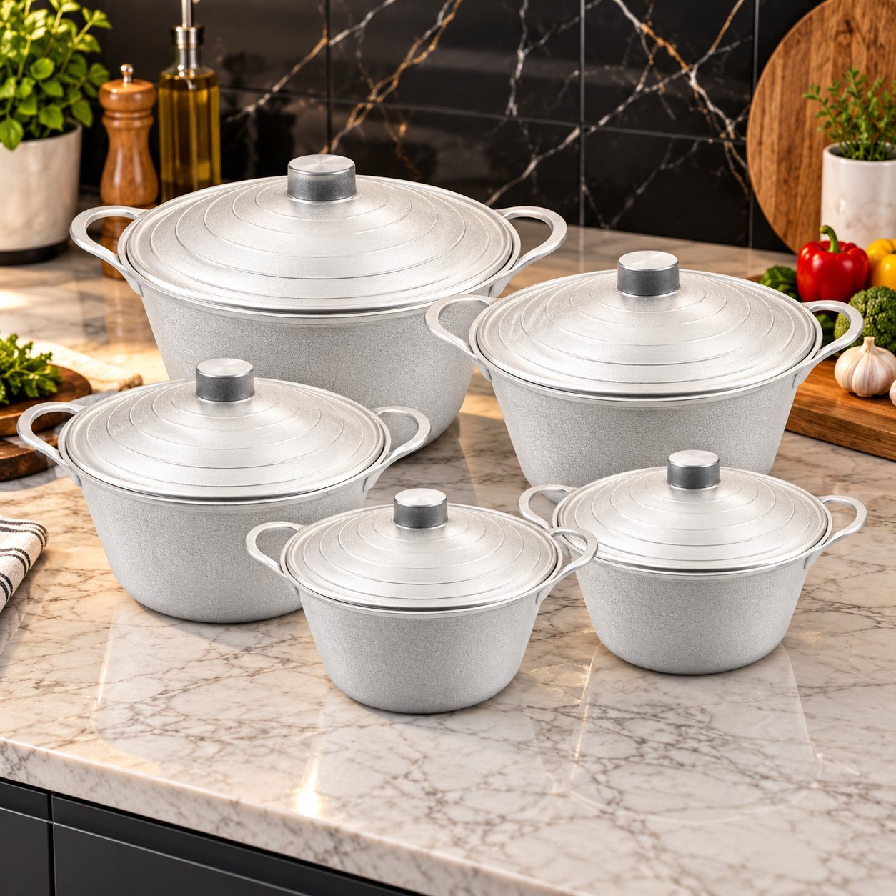 Dutch Pot Set with Lids - Dutch Pot Set with Lids – Luxury Premium 5 Piece Traditional Deep Cooking Pot & Casserole Set, Silver Round Metal Dutch Pots with Matching Domed Lids, Double Side Handles for Rice, Curry, Stews, Soups, Boiling, Simmering & Family Kitchen Cooking (view 4)