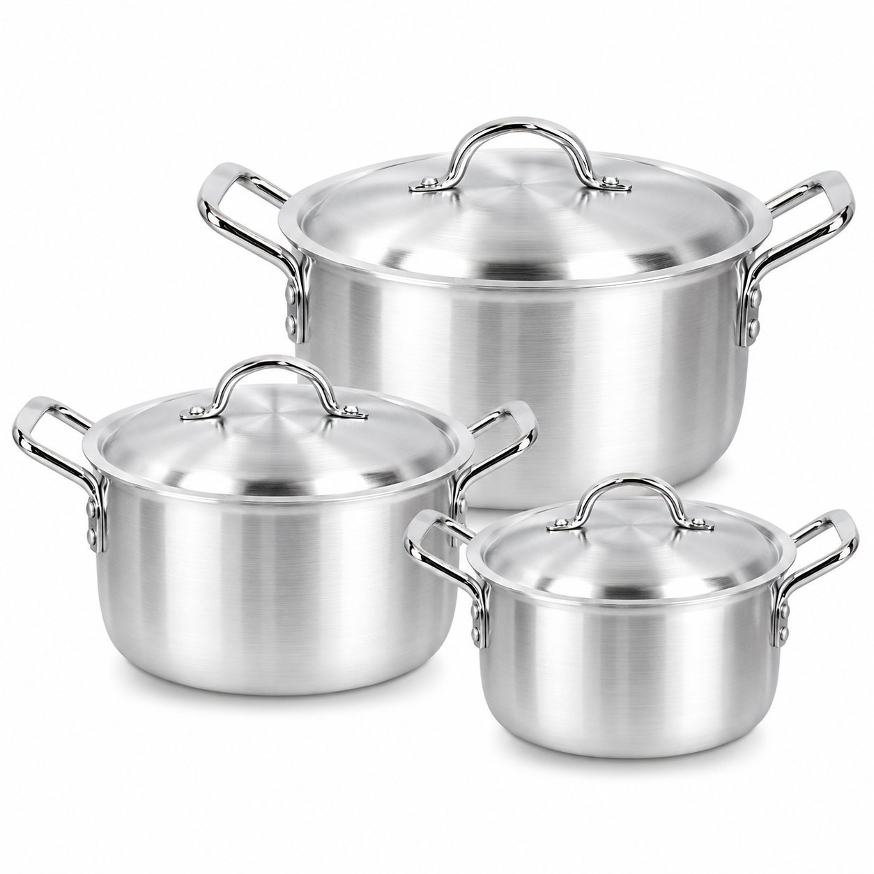 Cooking Pot Set with Lids - Cooking Pot Set with Lids – Luxury Premium 3 Piece Metal Finish Deep Casserole & Stockpot Set with Matching Silver Lids, Strong Double Side Handles, Large Round Cooking Pots for Rice, Biryani, Curry, Stews, Soups, Boiling & Family Kitchen Cooking