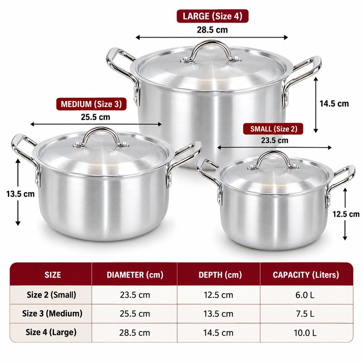 Cooking Pot Set with Lids - Cooking Pot Set with Lids – Luxury Premium 3 Piece Metal Finish Deep Casserole & Stockpot Set with Matching Silver Lids, Strong Double Side Handles, Large Round Cooking Pots for Rice, Biryani, Curry, Stews, Soups, Boiling & Family Kitchen Cooking (view 2)