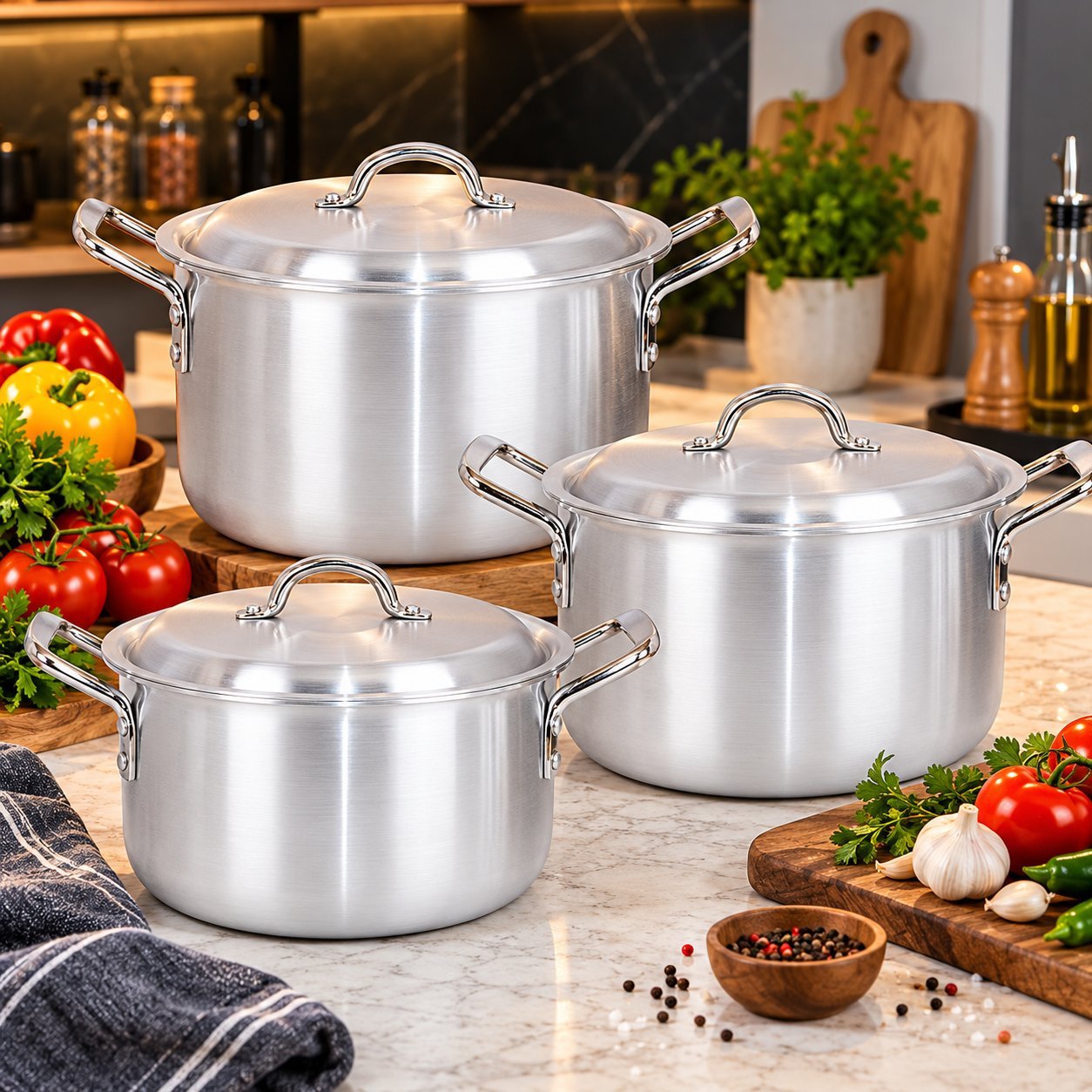 Cooking Pot Set with Lids - Cooking Pot Set with Lids – Luxury Premium 3 Piece Metal Finish Deep Casserole & Stockpot Set with Matching Silver Lids, Strong Double Side Handles, Large Round Cooking Pots for Rice, Biryani, Curry, Stews, Soups, Boiling & Family Kitchen Cooking (view 3)