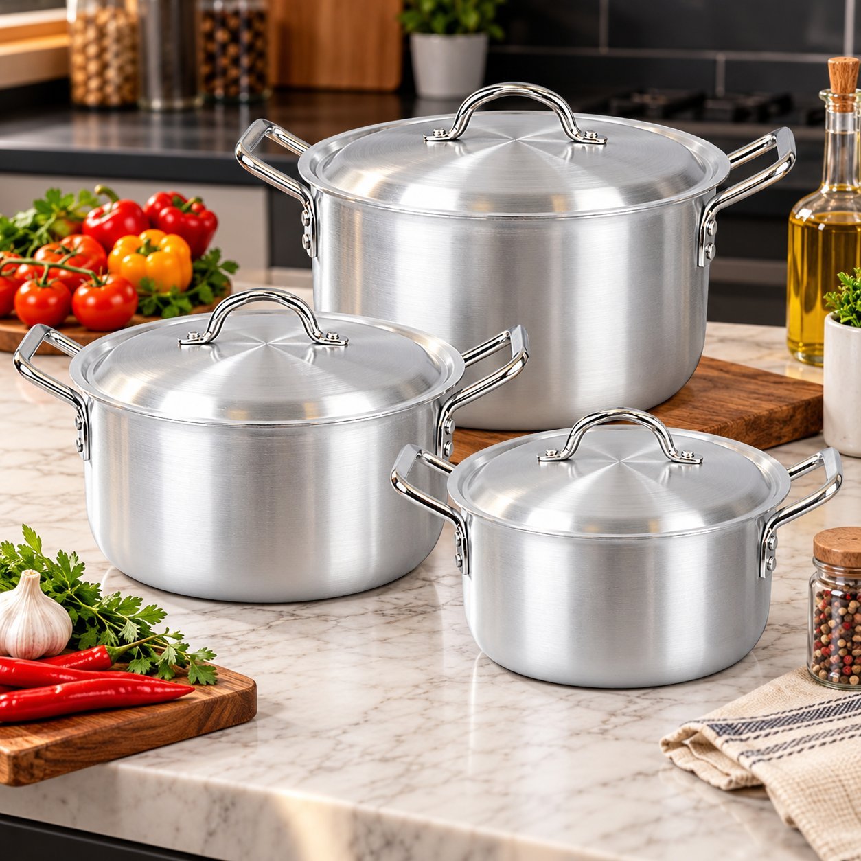 Cooking Pot Set with Lids - Cooking Pot Set with Lids – Luxury Premium 3 Piece Metal Finish Deep Casserole & Stockpot Set with Matching Silver Lids, Strong Double Side Handles, Large Round Cooking Pots for Rice, Biryani, Curry, Stews, Soups, Boiling & Family Kitchen Cooking (view 4)