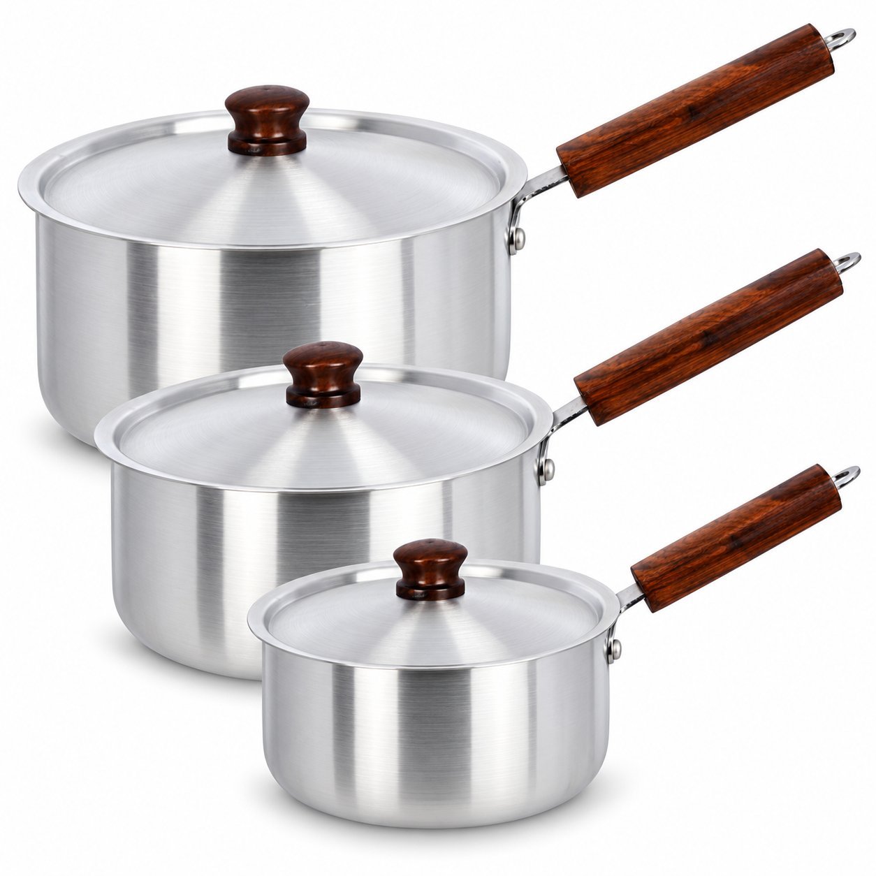 Saucepan Set with Wooden Handles - Saucepan Set with Wooden Handles – Luxury Premium 3 Piece Silver Metal Cooking Pot Set with Matching Lids, Deep Round Milk Pans, Long Brown Wooden-Style Handles, 2L, 2.5L & 3.5L Saucepans for Milk, Soups, Sauces, Gravy, Boiling & Everyday Kitchen Cooking