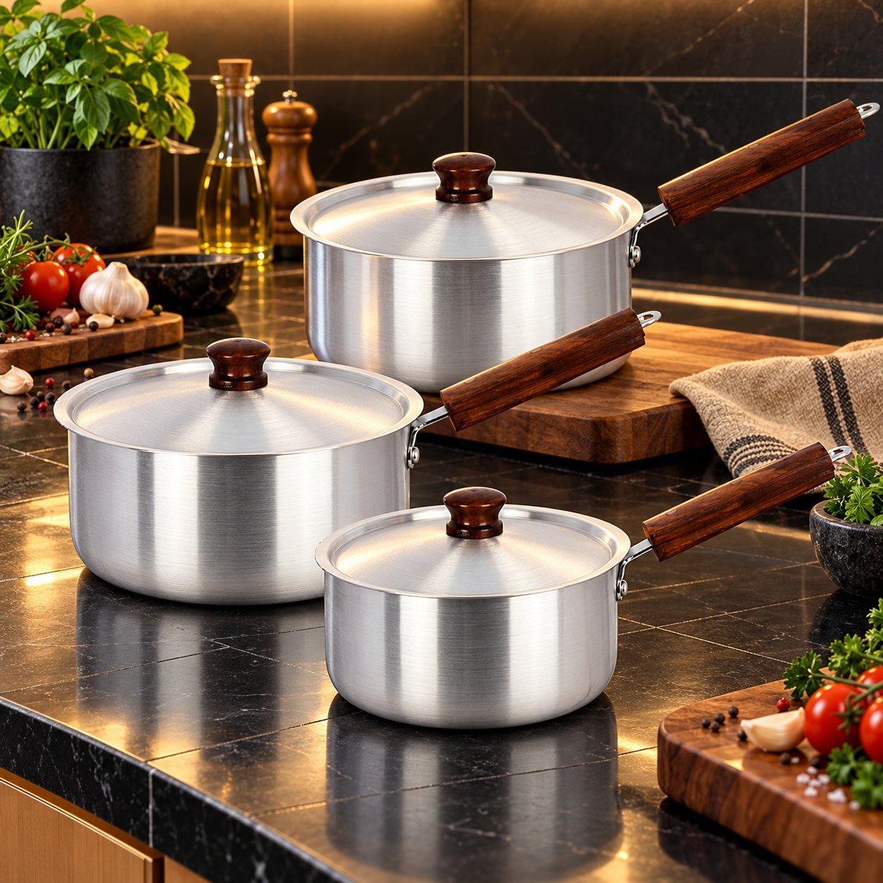 Saucepan Set with Wooden Handles - Saucepan Set with Wooden Handles – Luxury Premium 3 Piece Silver Metal Cooking Pot Set with Matching Lids, Deep Round Milk Pans, Long Brown Wooden-Style Handles, 2L, 2.5L & 3.5L Saucepans for Milk, Soups, Sauces, Gravy, Boiling & Everyday Kitchen Cooking (view 3)