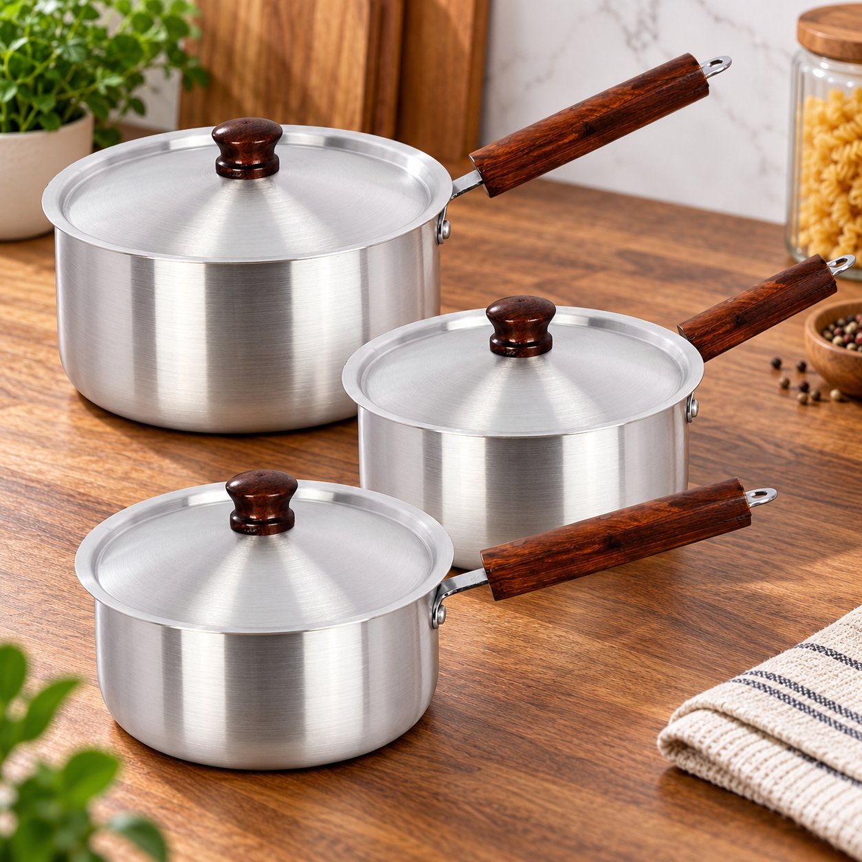 Saucepan Set with Wooden Handles - Saucepan Set with Wooden Handles – Luxury Premium 3 Piece Silver Metal Cooking Pot Set with Matching Lids, Deep Round Milk Pans, Long Brown Wooden-Style Handles, 2L, 2.5L & 3.5L Saucepans for Milk, Soups, Sauces, Gravy, Boiling & Everyday Kitchen Cooking (view 4)