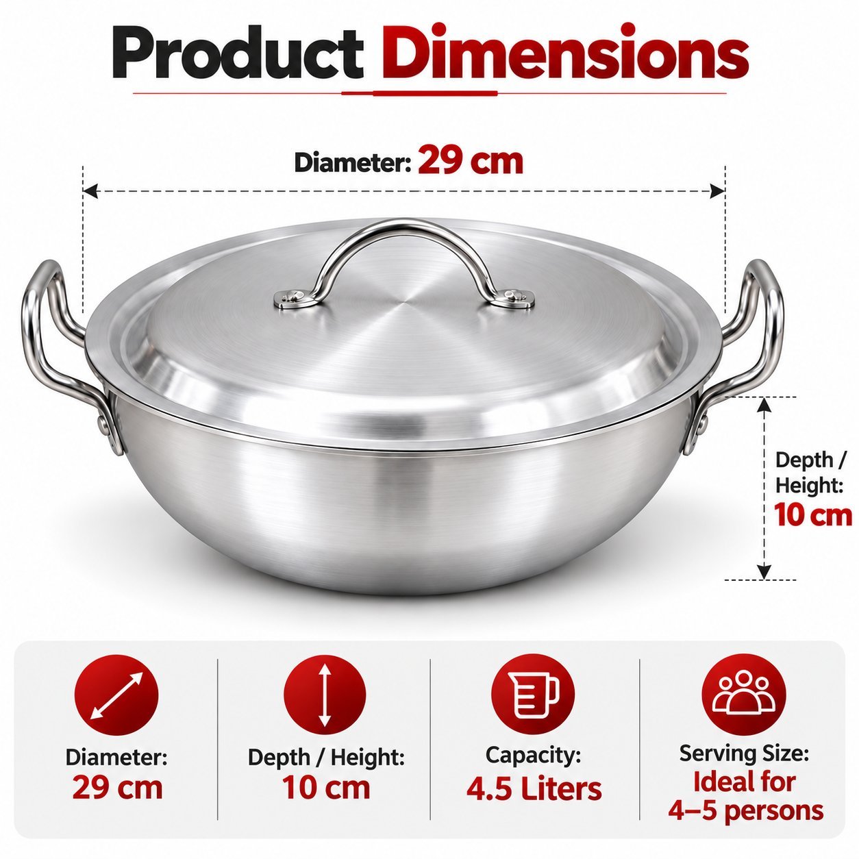 Aluminium Round Karahi with Lid - Aluminium Round Karahi with Lid – Luxury Premium Deep Traditional Cooking Kadai with Double Side Handles, Durable Silver Metal Finish, Even Heat Distribution for Curry, Biryani, Rice, Stir-Frying, Stewing & Everyday Family Kitchen Cooking (view 2)
