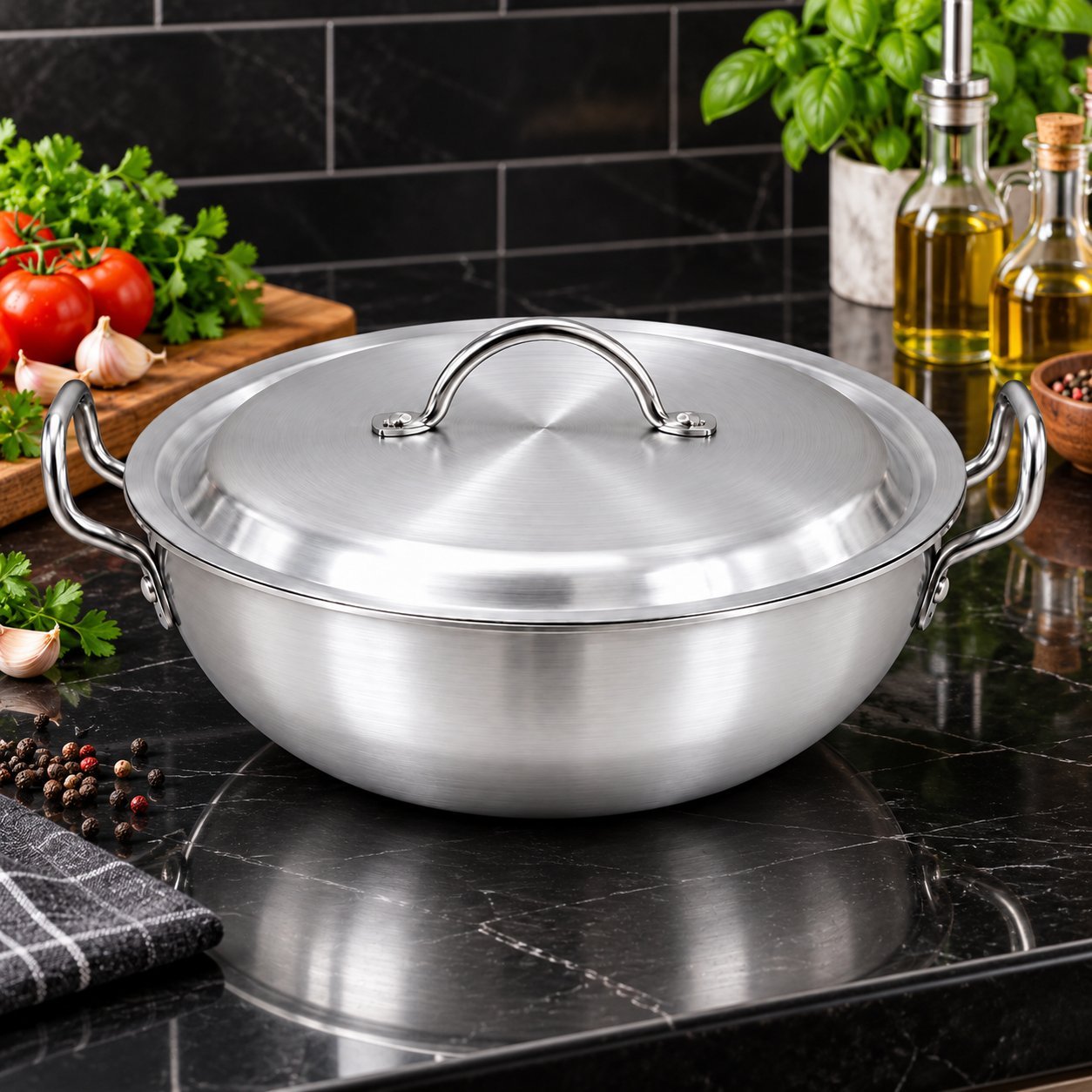 Aluminium Round Karahi with Lid - Aluminium Round Karahi with Lid – Luxury Premium Deep Traditional Cooking Kadai with Double Side Handles, Durable Silver Metal Finish, Even Heat Distribution for Curry, Biryani, Rice, Stir-Frying, Stewing & Everyday Family Kitchen Cooking (view 3)