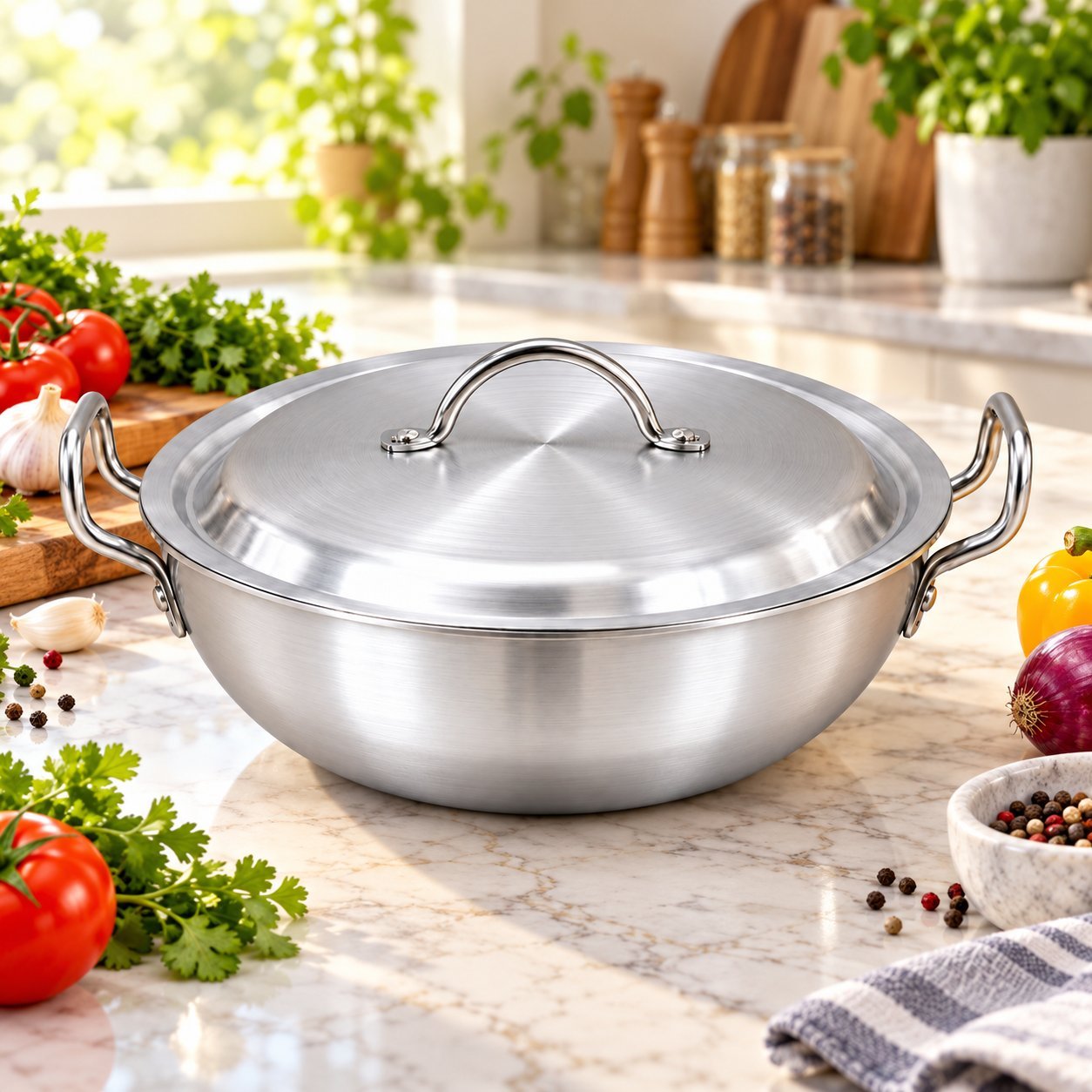 Aluminium Round Karahi with Lid - Aluminium Round Karahi with Lid – Luxury Premium Deep Traditional Cooking Kadai with Double Side Handles, Durable Silver Metal Finish, Even Heat Distribution for Curry, Biryani, Rice, Stir-Frying, Stewing & Everyday Family Kitchen Cooking (view 4)