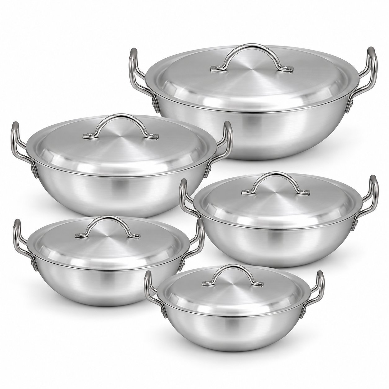 Round Karahi Set with Lids - Round Karahi Set with Lids – Luxury Premium 5 Piece Deep Round Cooking Kadai & Traditional Casserole Pot Set with Matching Domed Metal Covers, Double Side Handles, Silver Finish for Curry, Biryani, Rice, Stews, Simmering & Everyday Family Cooking – 2.5L t