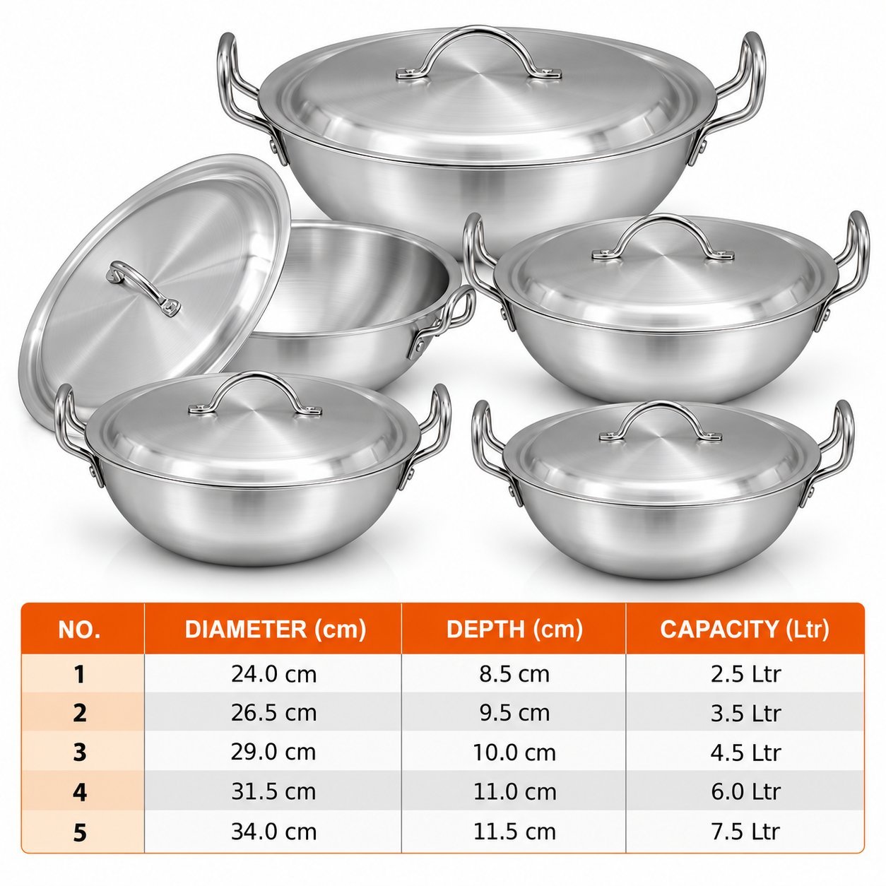 Round Karahi Set with Lids - Round Karahi Set with Lids – Luxury Premium 5 Piece Deep Round Cooking Kadai & Traditional Casserole Pot Set with Matching Domed Metal Covers, Double Side Handles, Silver Finish for Curry, Biryani, Rice, Stews, Simmering & Everyday Family Cooking – 2.5L t (view 2)