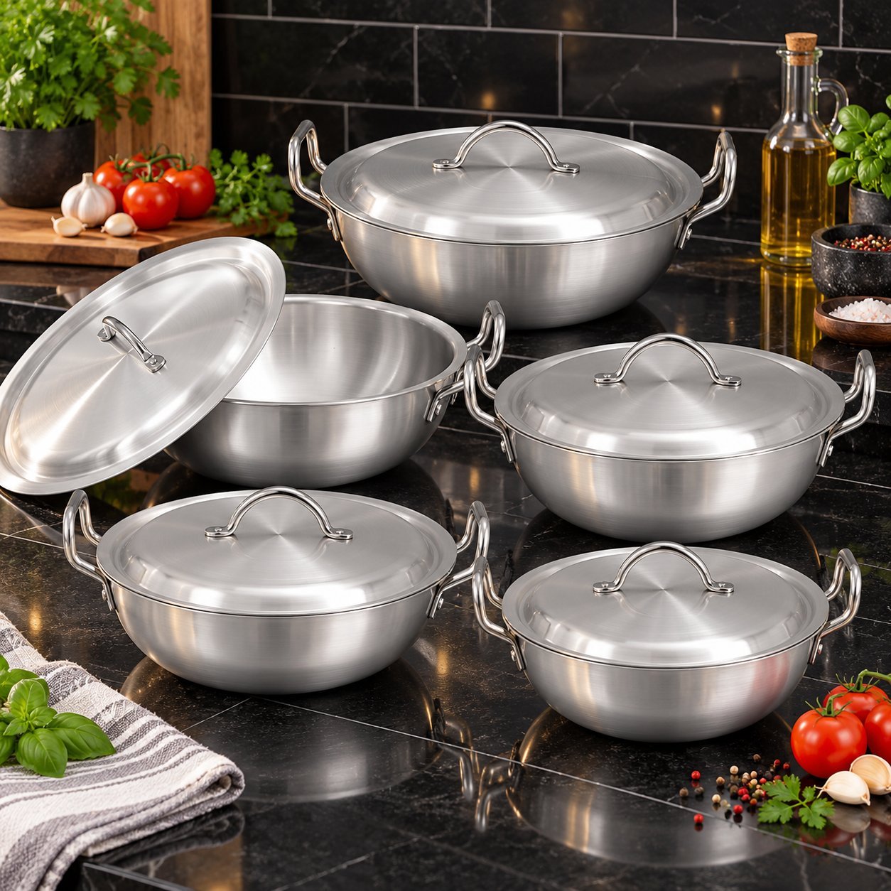 Round Karahi Set with Lids - Round Karahi Set with Lids – Luxury Premium 5 Piece Deep Round Cooking Kadai & Traditional Casserole Pot Set with Matching Domed Metal Covers, Double Side Handles, Silver Finish for Curry, Biryani, Rice, Stews, Simmering & Everyday Family Cooking – 2.5L t (view 3)