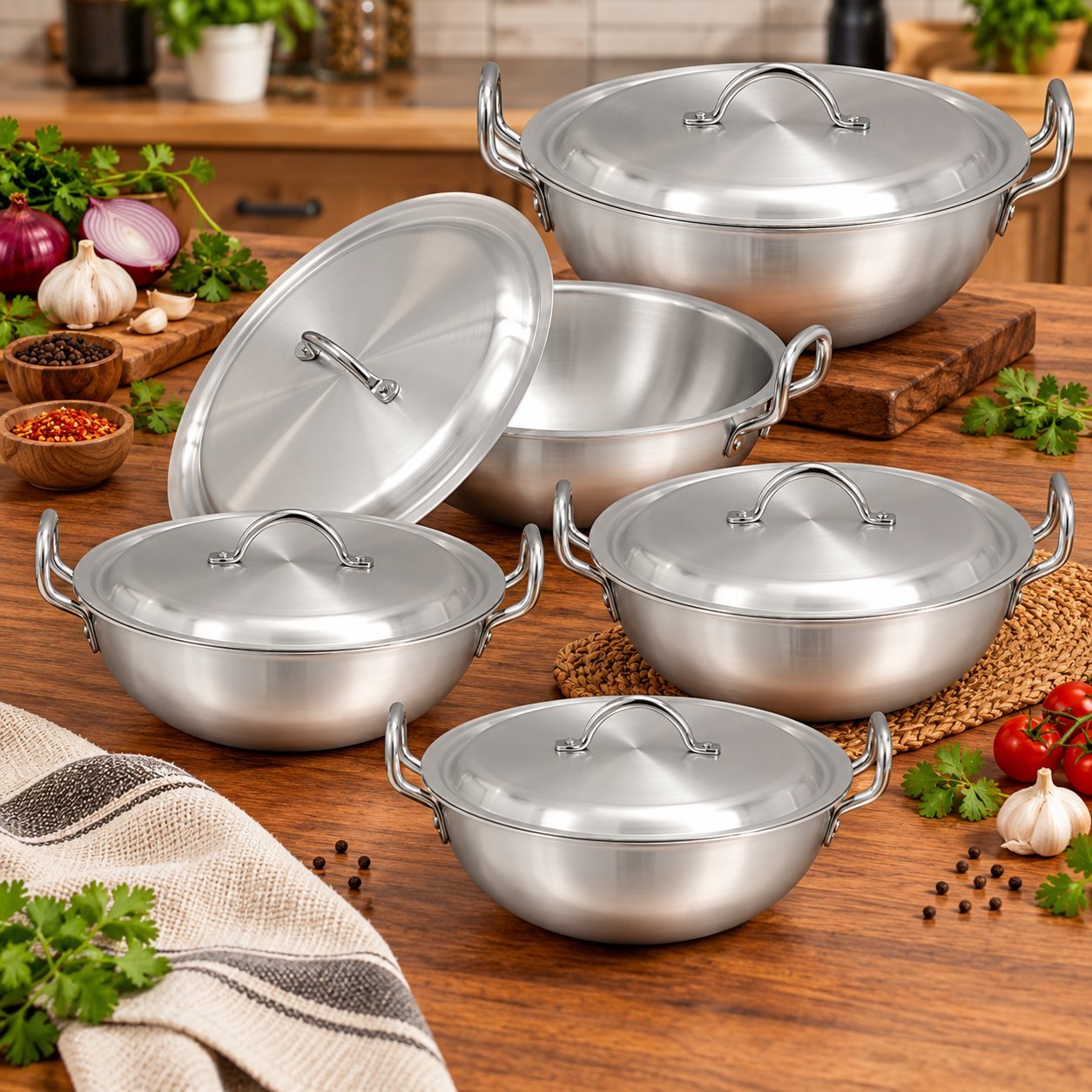 Round Karahi Set with Lids - Round Karahi Set with Lids – Luxury Premium 5 Piece Deep Round Cooking Kadai & Traditional Casserole Pot Set with Matching Domed Metal Covers, Double Side Handles, Silver Finish for Curry, Biryani, Rice, Stews, Simmering & Everyday Family Cooking – 2.5L t (view 4)
