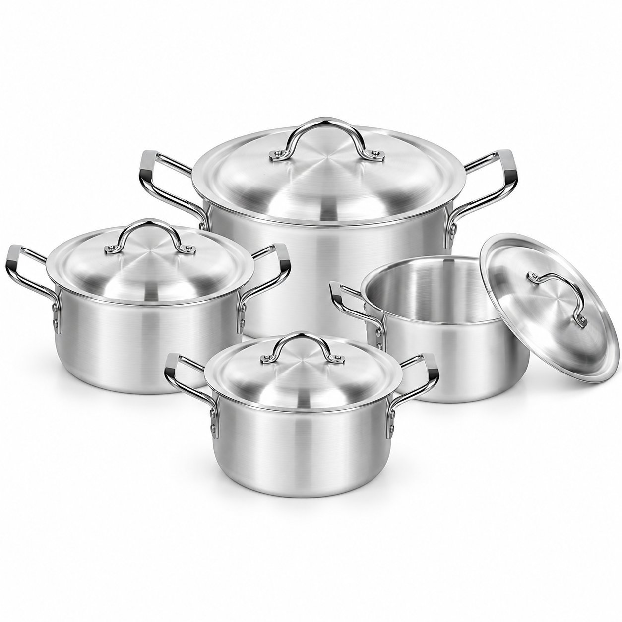 Cooking Pot Set with Lids - Cooking Pot Set with Lids – Luxury Premium 4 Piece Silver Metal Cookware Set with Deep Round Casserole Pots, Matching Domed Lids, Strong Double Side Handles, Traditional Stockpots for Rice, Curry, Soups, Stews, Boiling & Everyday Family Kitchen Cooking – 