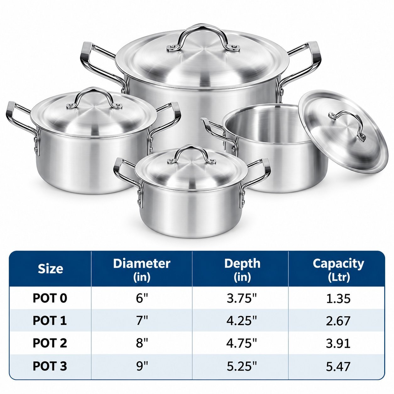 Cooking Pot Set with Lids - Cooking Pot Set with Lids – Luxury Premium 4 Piece Silver Metal Cookware Set with Deep Round Casserole Pots, Matching Domed Lids, Strong Double Side Handles, Traditional Stockpots for Rice, Curry, Soups, Stews, Boiling & Everyday Family Kitchen Cooking – (view 2)